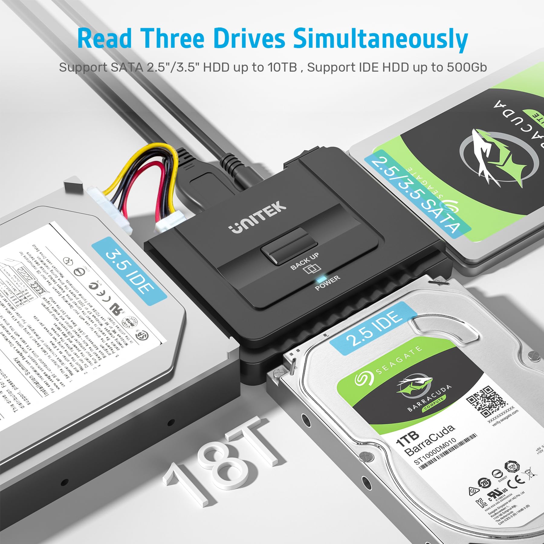 Unitek USB 3.0 to IDE and SATA Converter External Hard Drive Adapter Kit for Universal 2.5/3.5 HDD/SSD Hard Drive Disk, One Touch Backup Function, Included 12V/2A Power Adapter