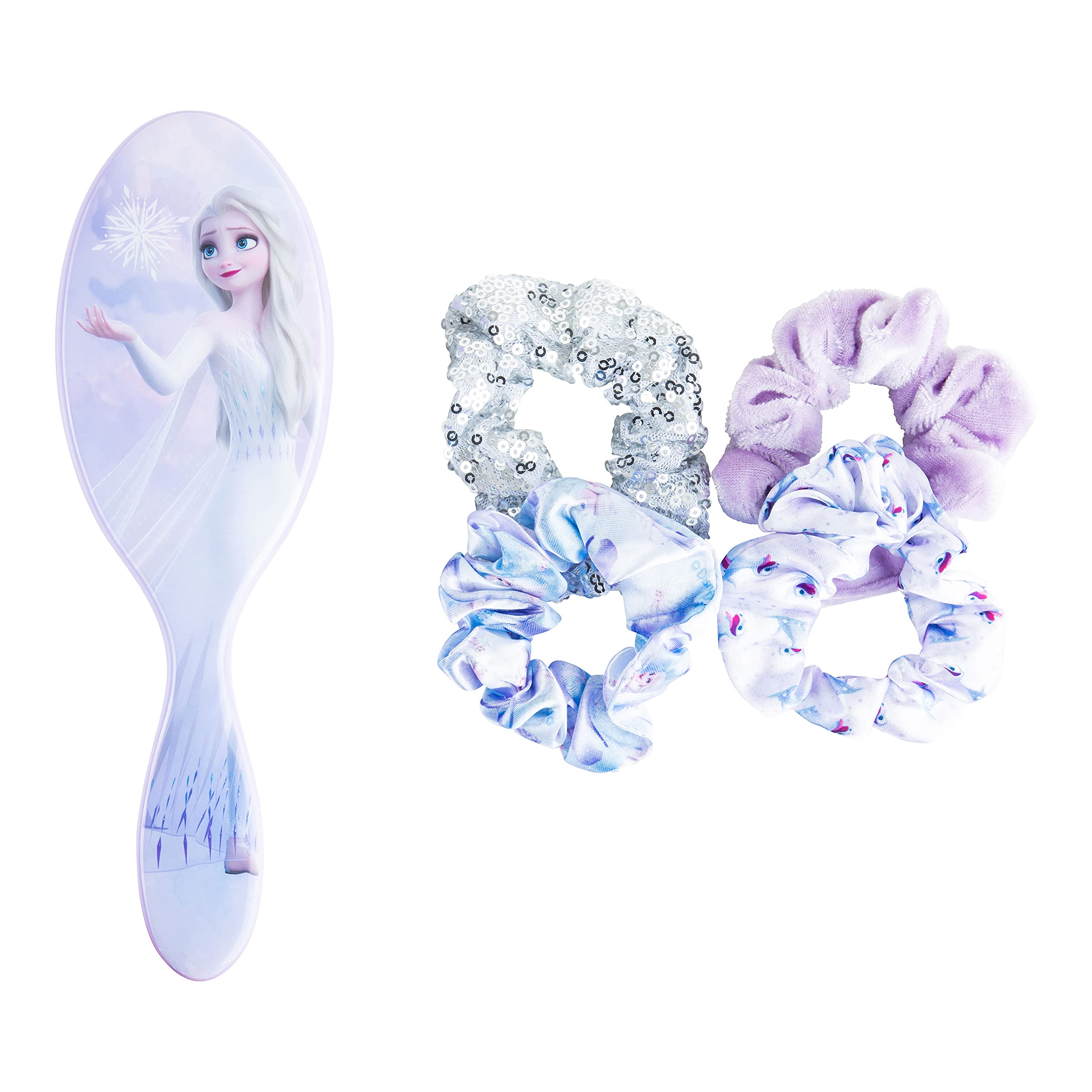 Frozen Princess Elsa Hair Accessory 5 Pcs Set - 1 Regular 9 inch Frozen Hairbrush & 4 Frozen Scrunchies - Detangling Brush & Elastic Hair Ties Ropes for Girls, Ages 3+