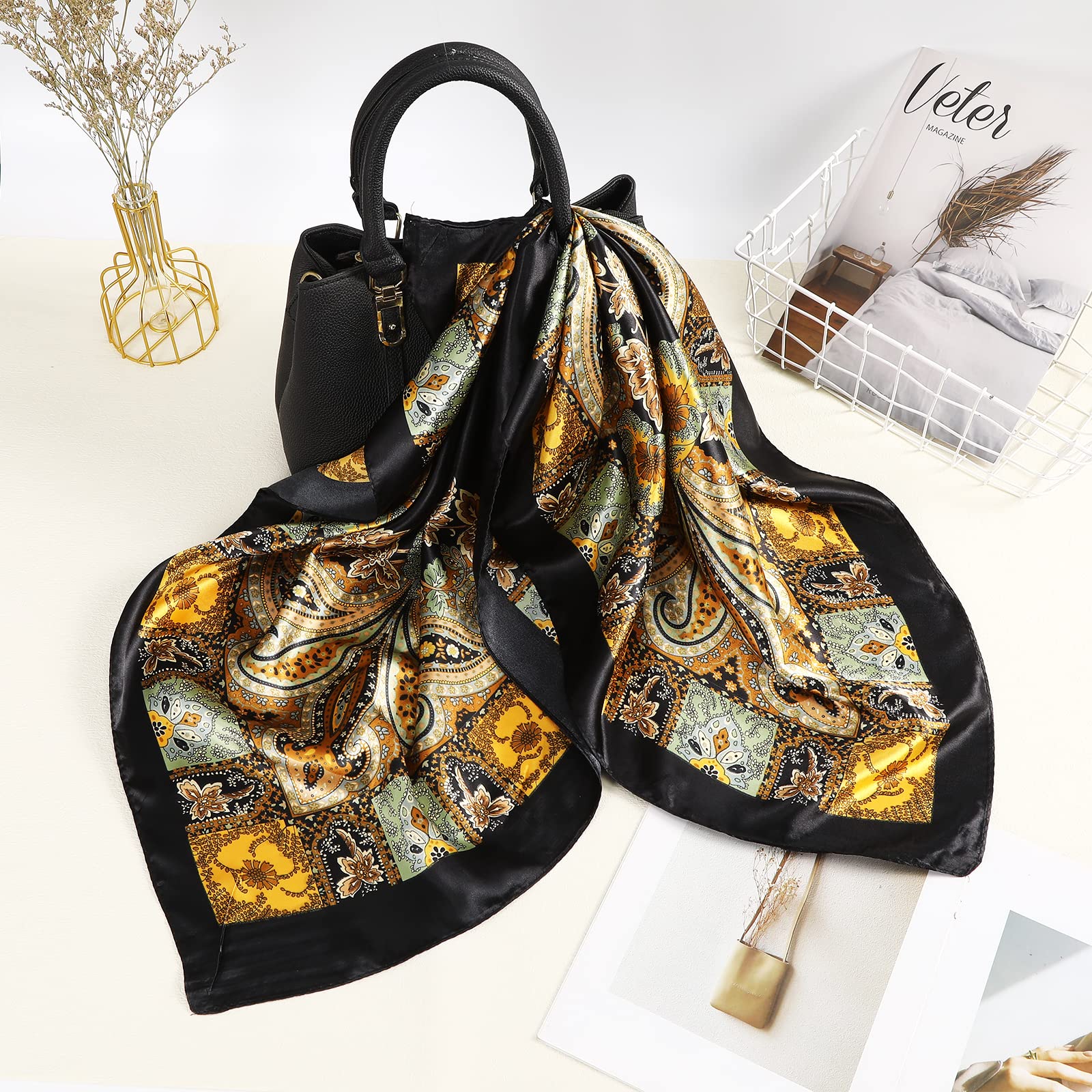 AWAYTR 35” Large Square Satin Head Scarf - 3Pcs Hair Scarves Bandana Beach Silk Feeling Headscarf for Women Hair