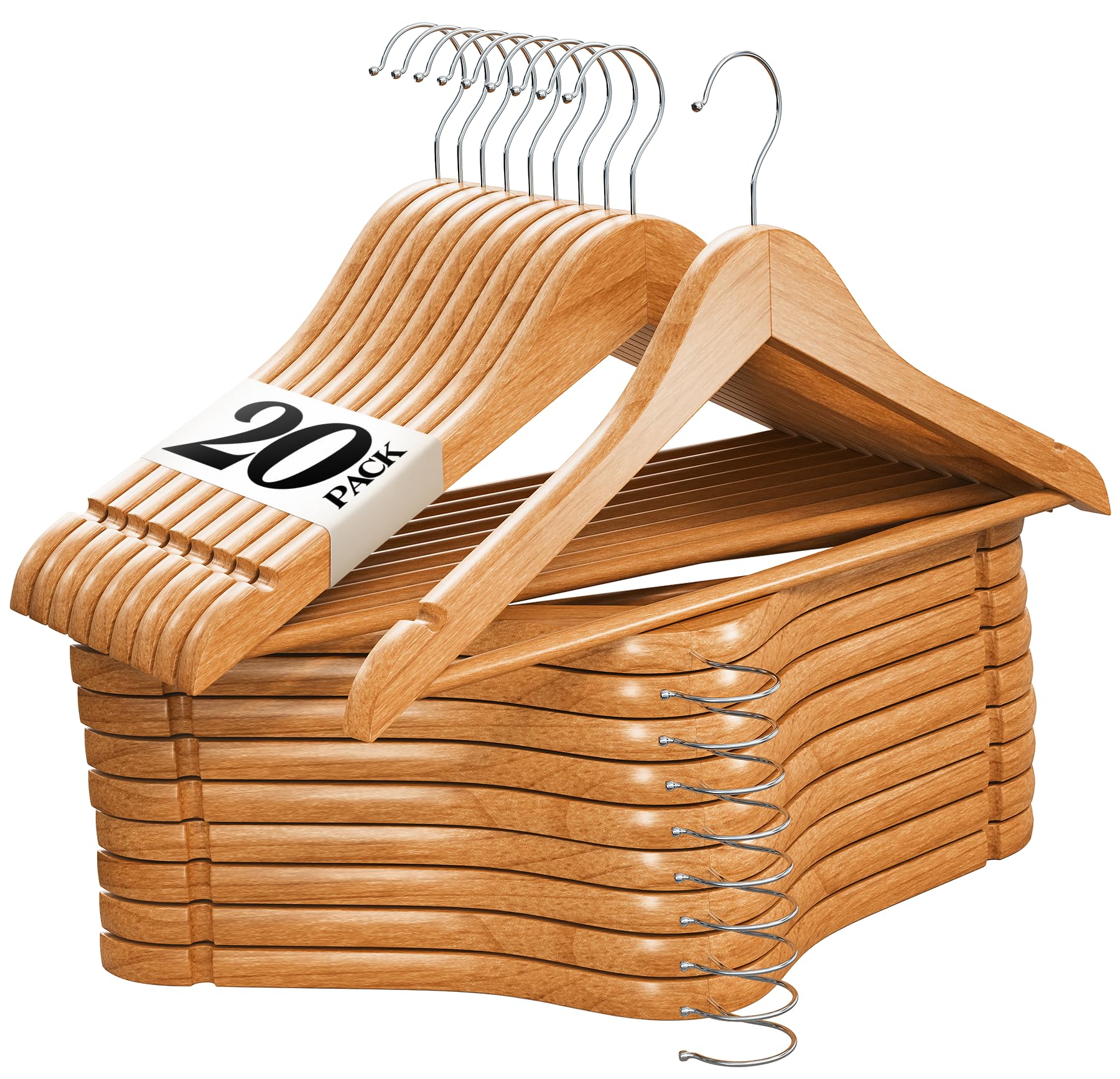 Premium Wooden Hangers 20 Pack - Durable Non Slip Coat Hangers Heavy Duty- Natural Solid Wood Hangers - Clothes Hangers with Chrome Swivel Hooks - Great for Jacket, Dress, Suit Hangers, Home-It