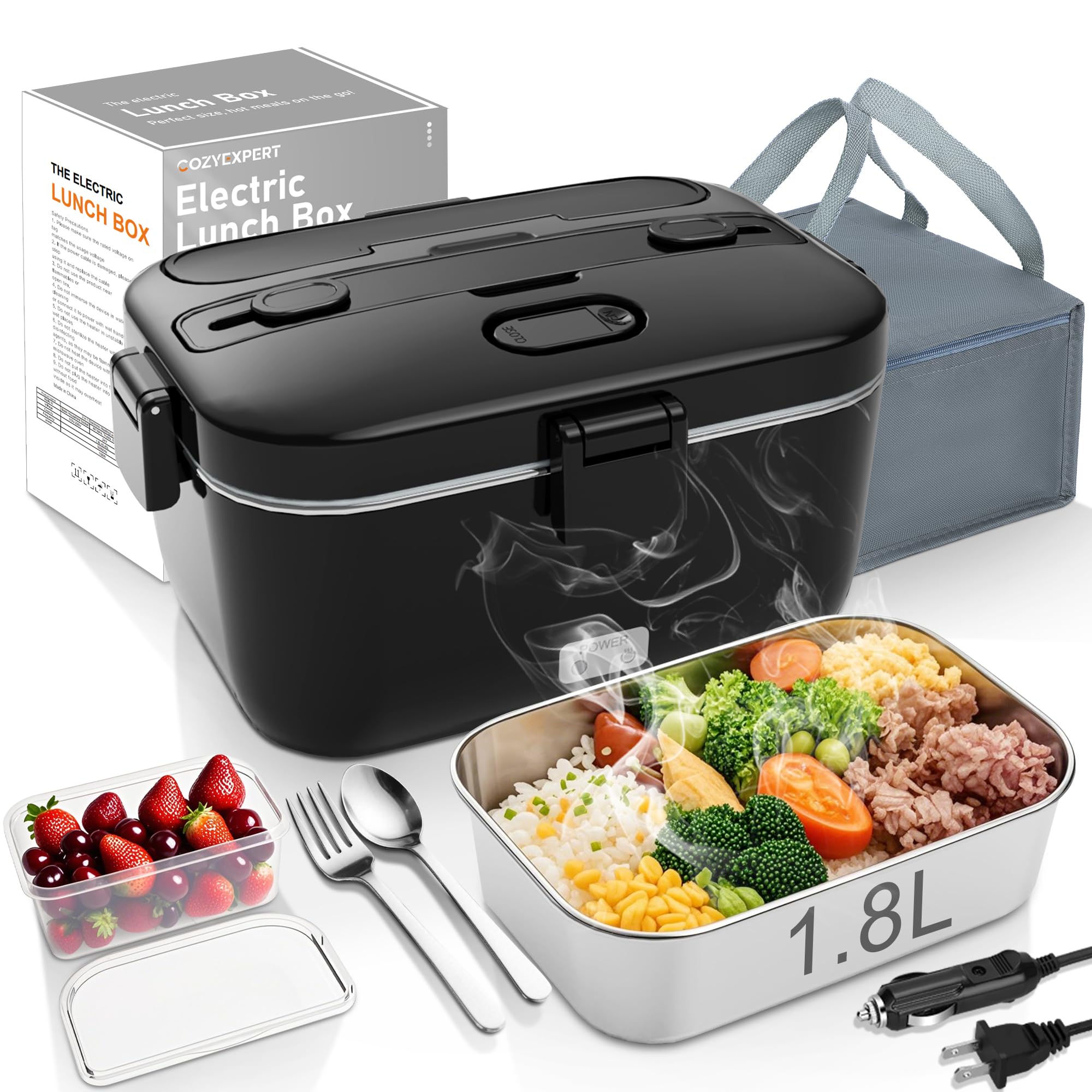 COZYEXPERT Electric-Lunch-Box-Heated-Food-Warmer 100W Heating Lunchbox for Adults 1.8L Portable Food Heater for Work/Car, 12V/24V/110-230V Lonchera Electrica Porttil with Fork Spoon (Black)