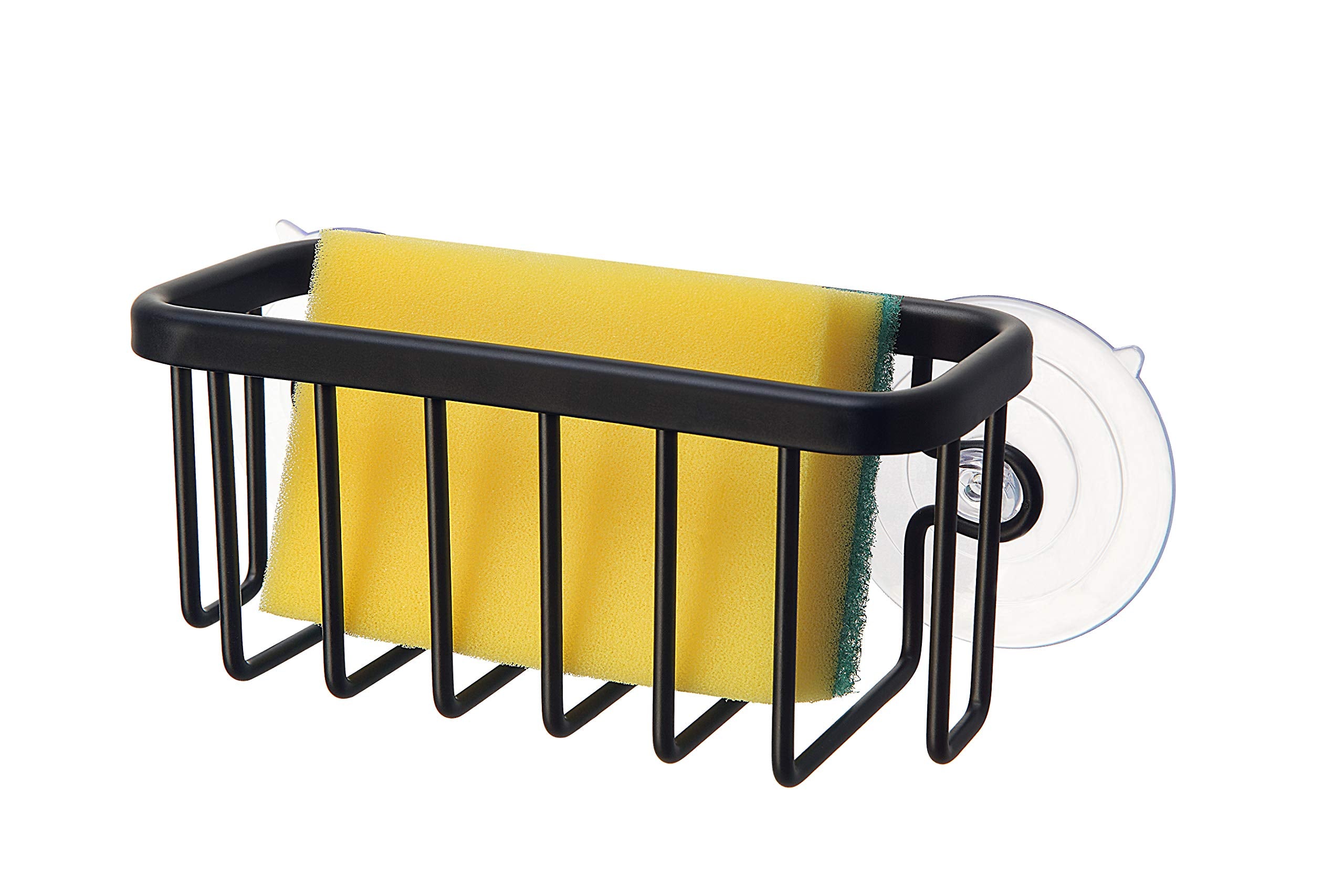 SunnyPoint NeverRust Kitchen & Bathroom Sink Caddy for Sponges, Scrubbers, Soap, 6" x 2.5" x 2.75", with Adhesive Mount - Additional Suction Cup Included –Aluminum (Black)