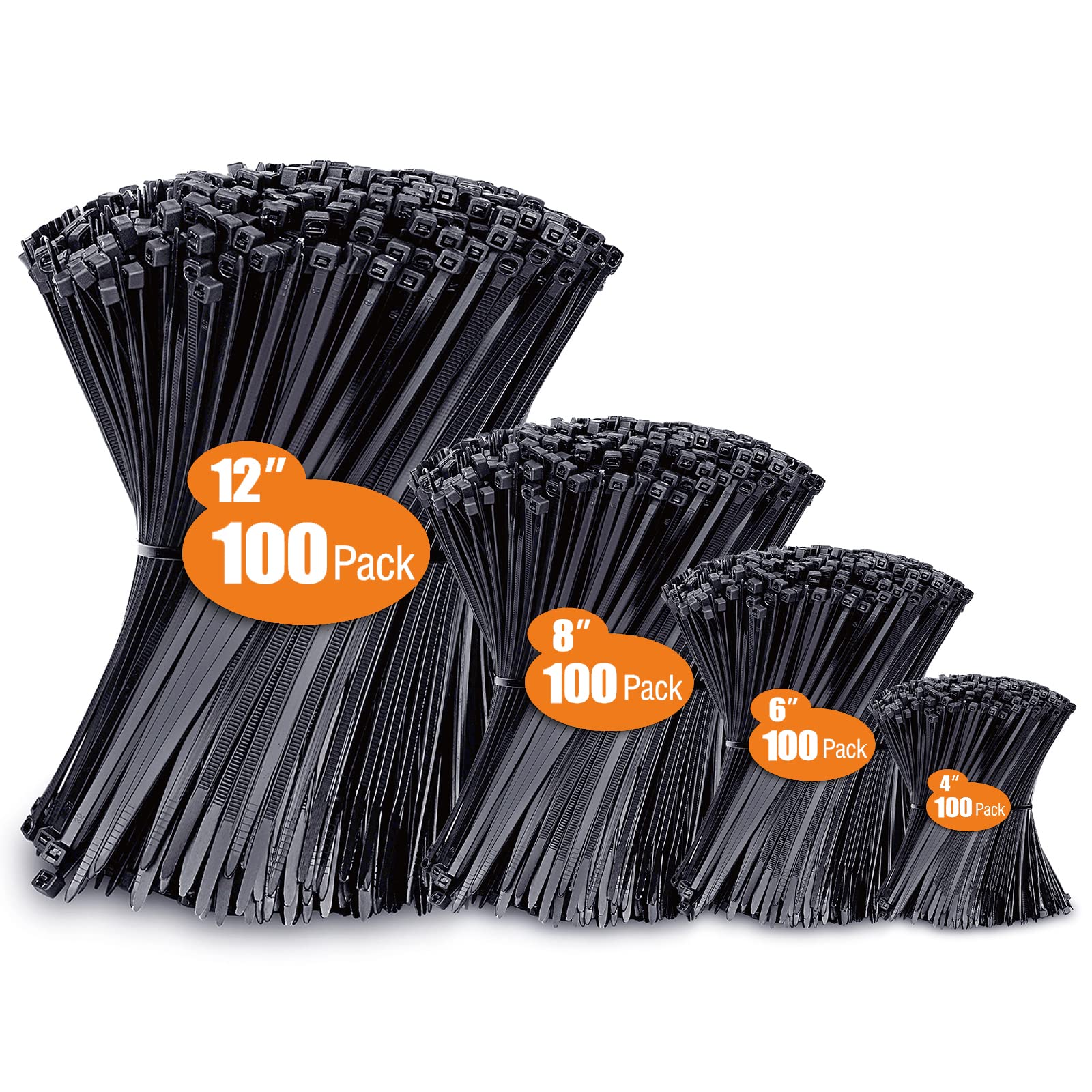 Zip Ties Assorted Sizes(4"+6"+8"+12"), 400 Pack, Black Cable Ties, UV Resistant Wire Ties by ANOSON