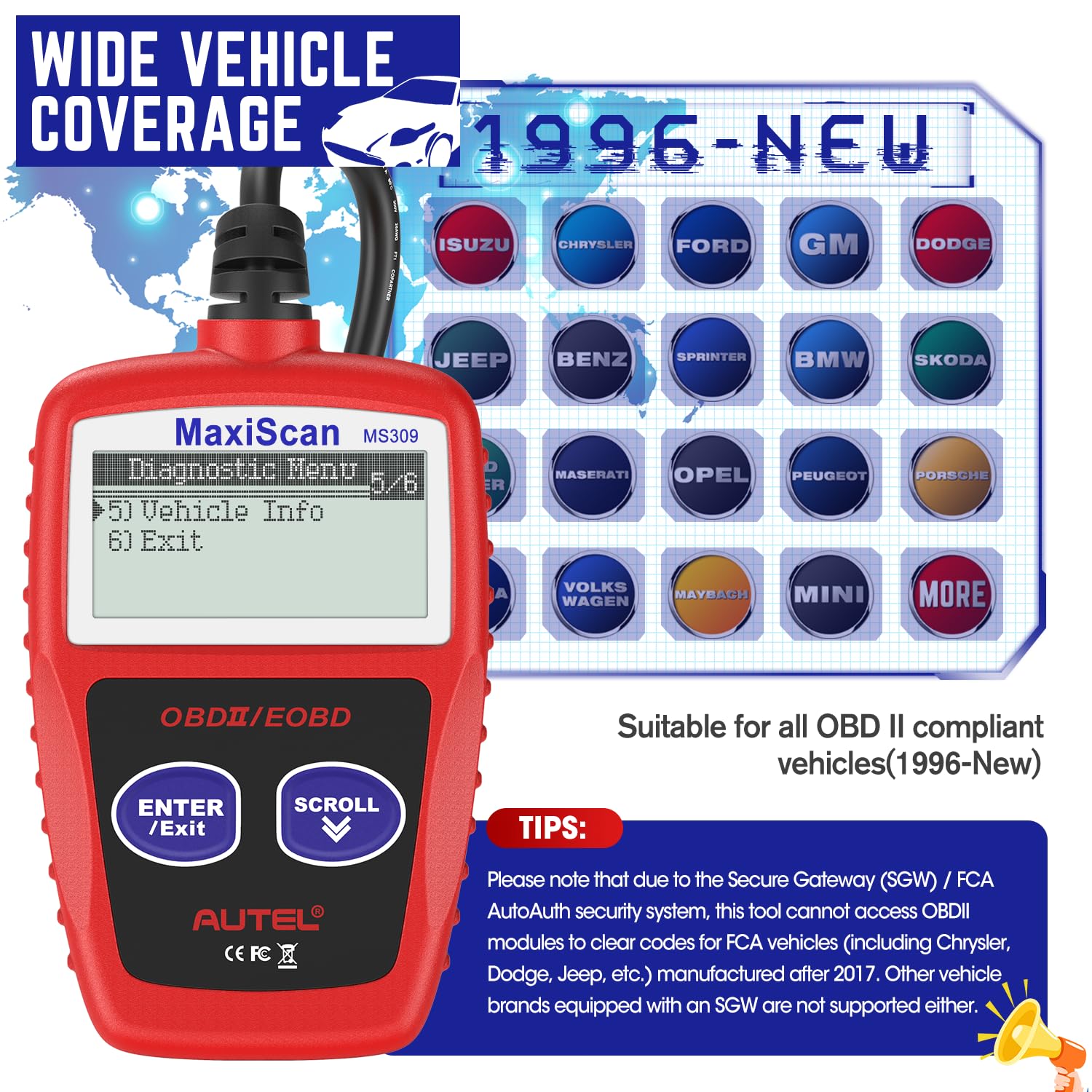 Autel OBD2 Scanner MS309 Universal Car Engine Fault Code Reader, Check Engine Light and Emission Monitor Status, OBDII CAN Diagnostic Scan Tool