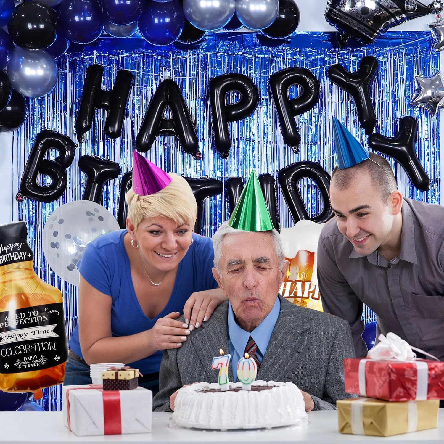 Blue and Black Happy Birthday Decorations for Men,Birthday Decorations with Banner, Fringe Curtains,Foil Balloons, Balloon Kits for 21st,25th 27th 30th 35th 40 50 60th Birthday Decorations