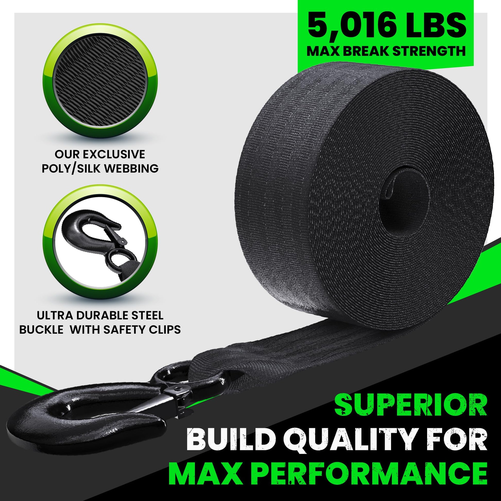 Rhino USA Boat Winch Strap with Hook (2" x 20') - 5,016lb Break Strength - Ultimate Replacement Boat Trailer Winch Straps with Safety Hook - Compatible with Pontoon, Jet Ski, Fishing Boat & More!