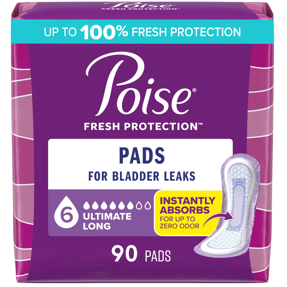 Poise Incontinence & Postpartum Pads for Bladder Leaks, 6 Drop Ultimate Absorbency, Long Length, 90 Count, Packaging May Vary