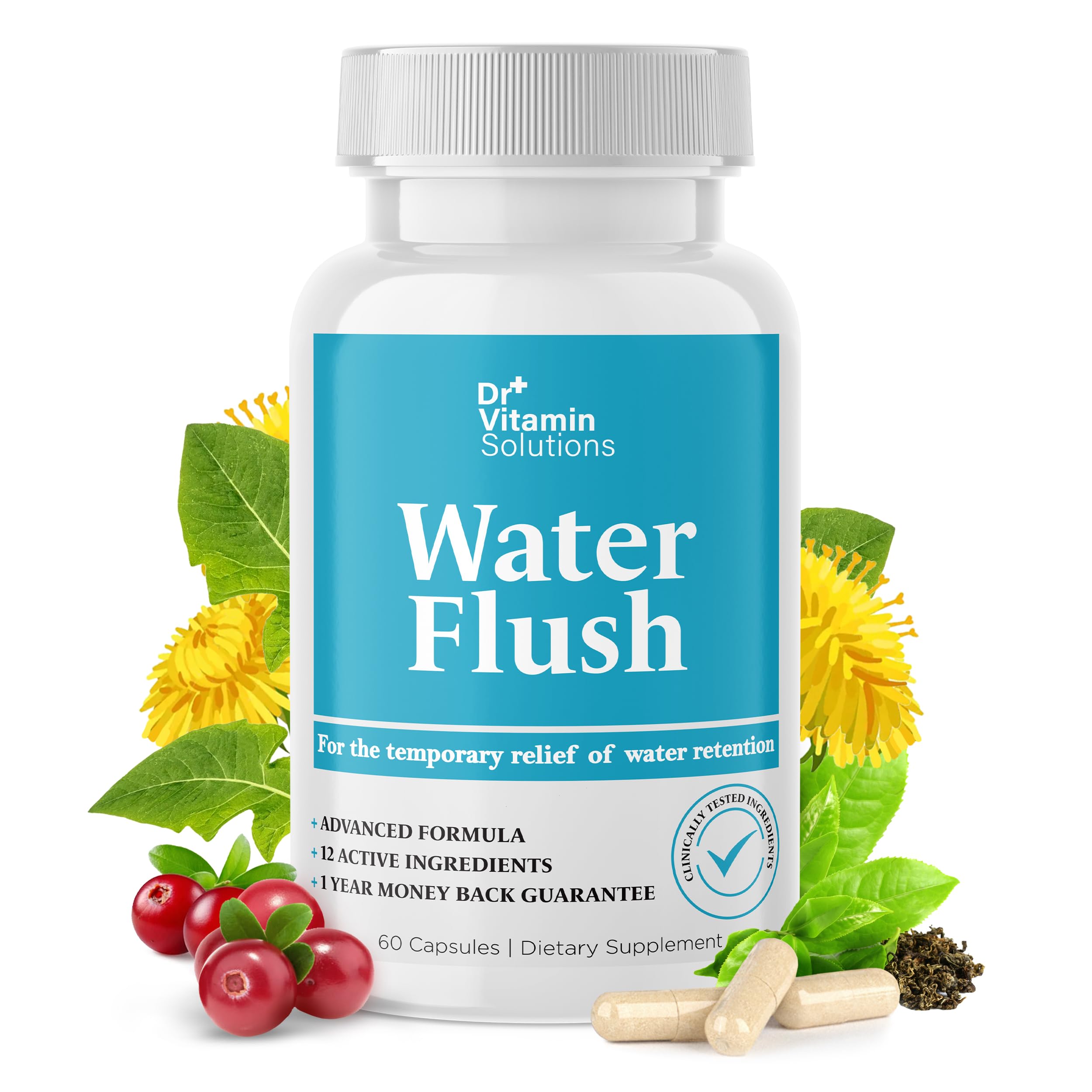 DR VITAMIN SOLUTIONS Diuretic Water Pills for Weight Control, 12 Active Ingredients (Green Tea, Cranberry & More), Instant Relief from Bloat & Swelling, Water Retention Pills for Women & Men - 60 Caps