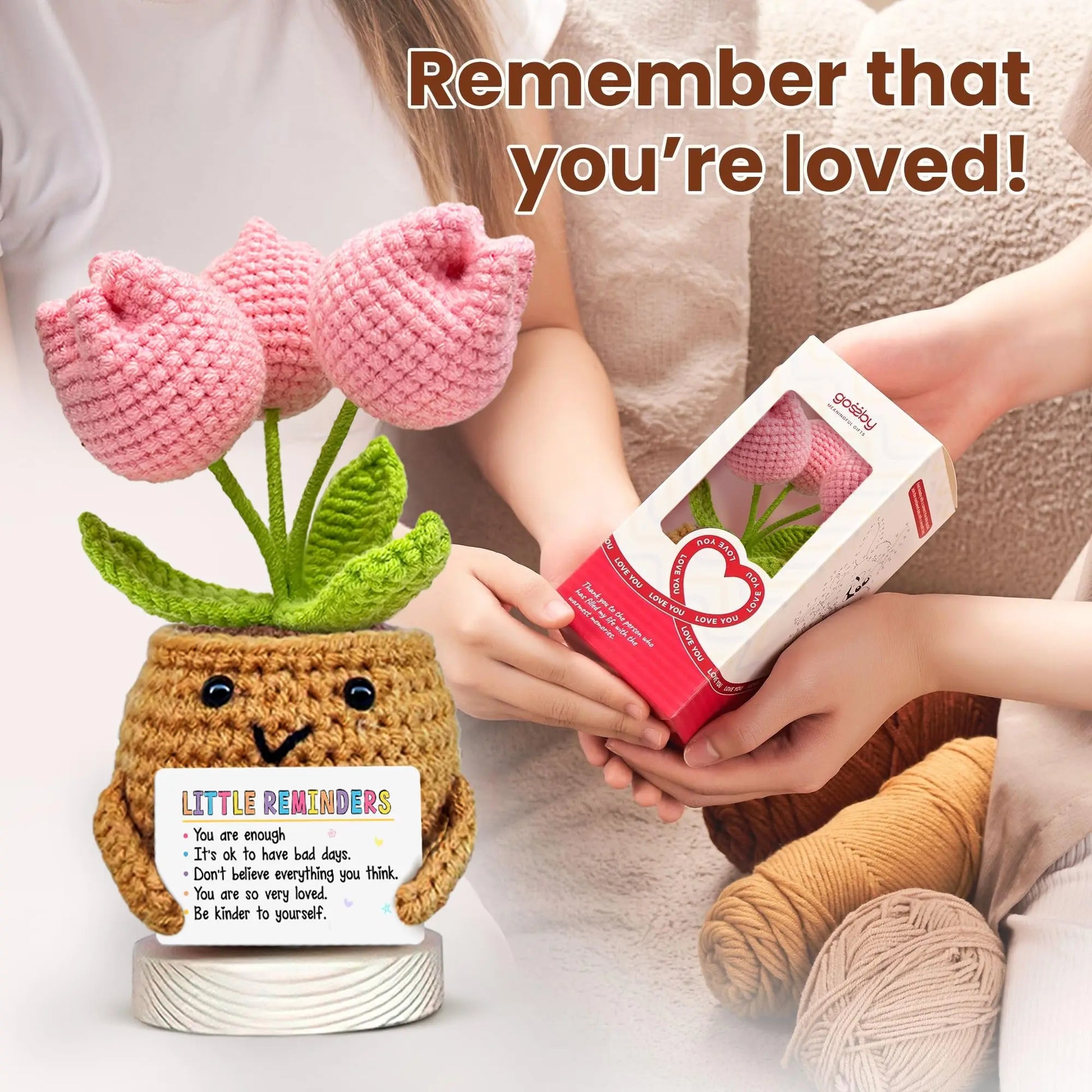 Gossby Handmade Positive Tulip Flower Crochet - Little Reminder You are Enough - Inspirational Gift for Women - Positive Energy, Apreciation, Farewell, Retirement, Goodbye Gift for Coworker