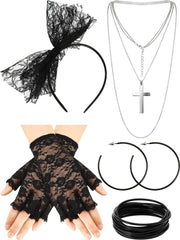 Blulu 80s Fancy Dress Costume Accessories Lace Headband Earrings Fishnet Gloves Necklace Bracelet for 80s Retro Party (Black)