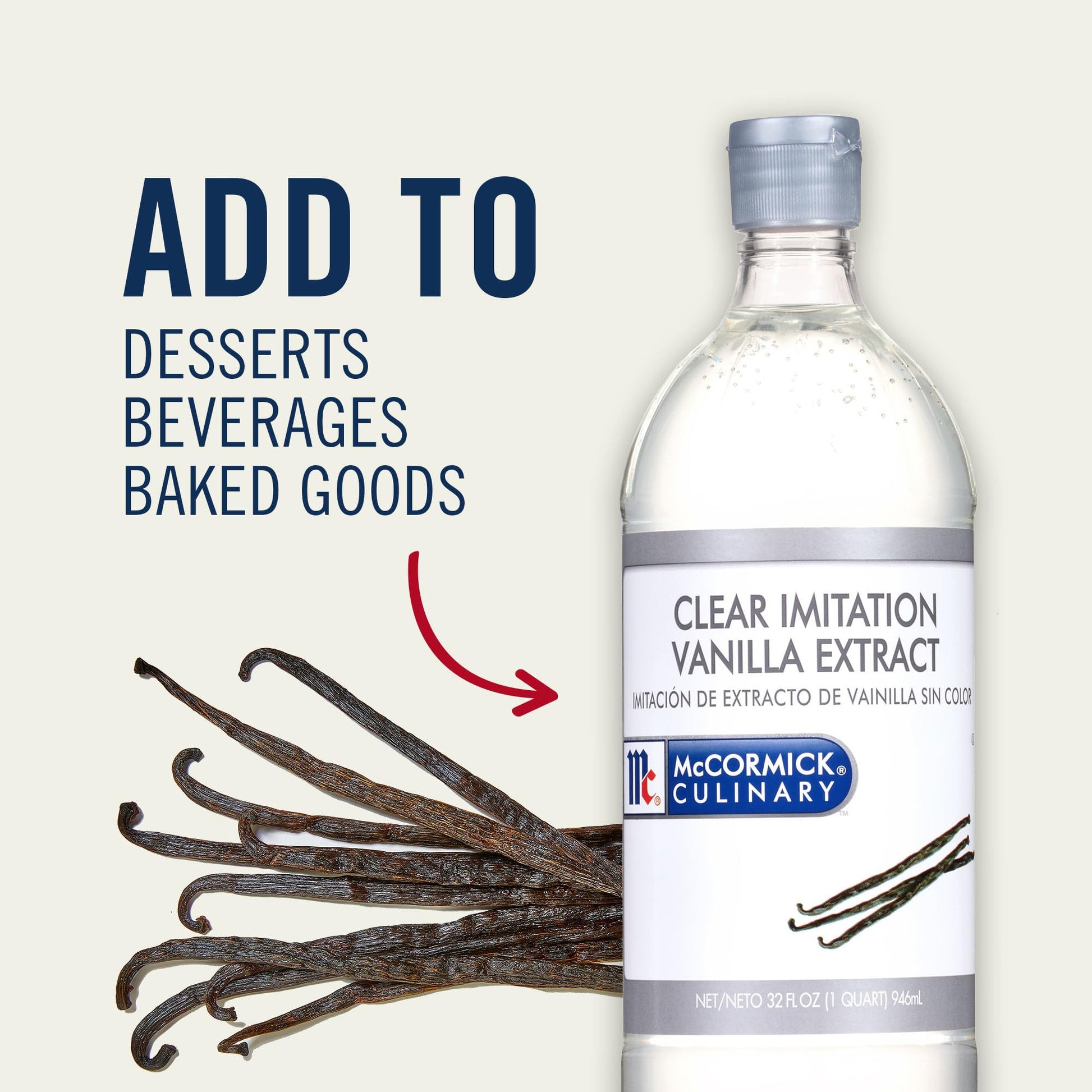 McCormick Culinary Clear Imitation Vanilla Extract, 32 fl oz - One 32 Fluid Ounce Bottle of Clear Vanilla Flavoring for Baking, Perfect in Baked Goods, Frostings, Custards and Desserts
