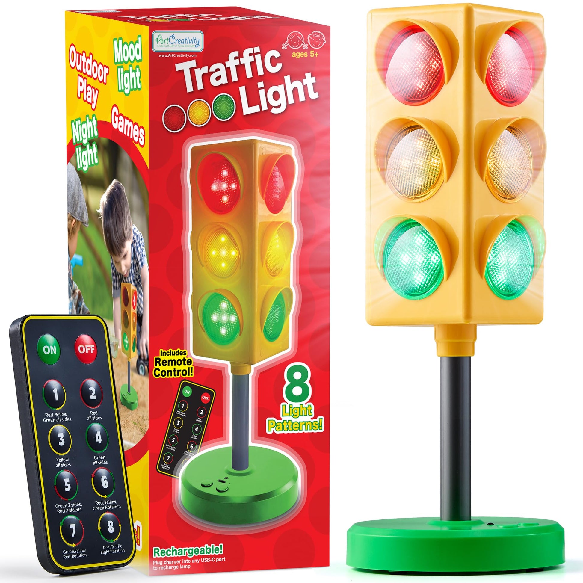 ArtCreativity Traffic Light - Teacher Classroom Must Haves Supplies, 8 Modes with Remote -Classroom Decor, Kindergarten Educational Lamp -Real Traffic Light Rotation Mode, Red Lights Green Lights Game