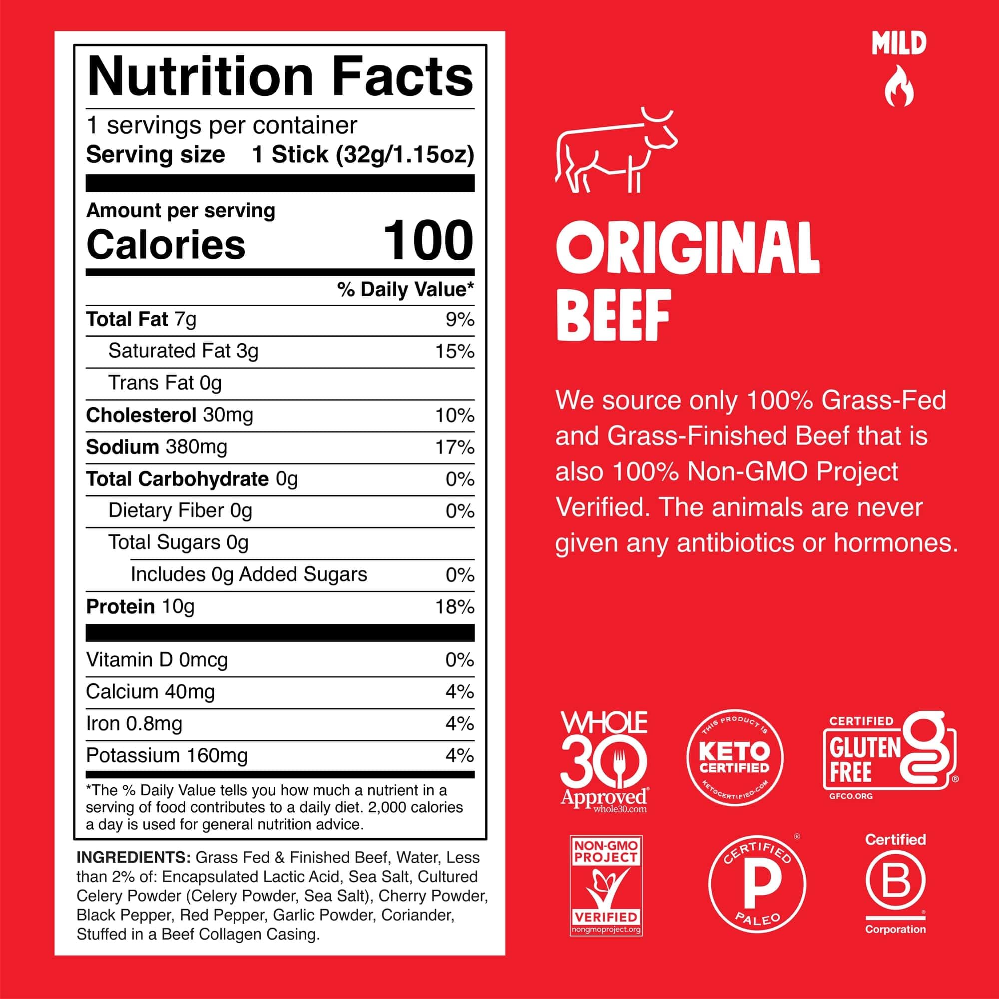 Chomps Grass-Fed and Finished Original Beef Jerky Snack Sticks 10-Pack - Keto, Paleo, Whole30, 10g Lean Meat Protein, Gluten-Free, Zero Sugar Food, Non-GMO