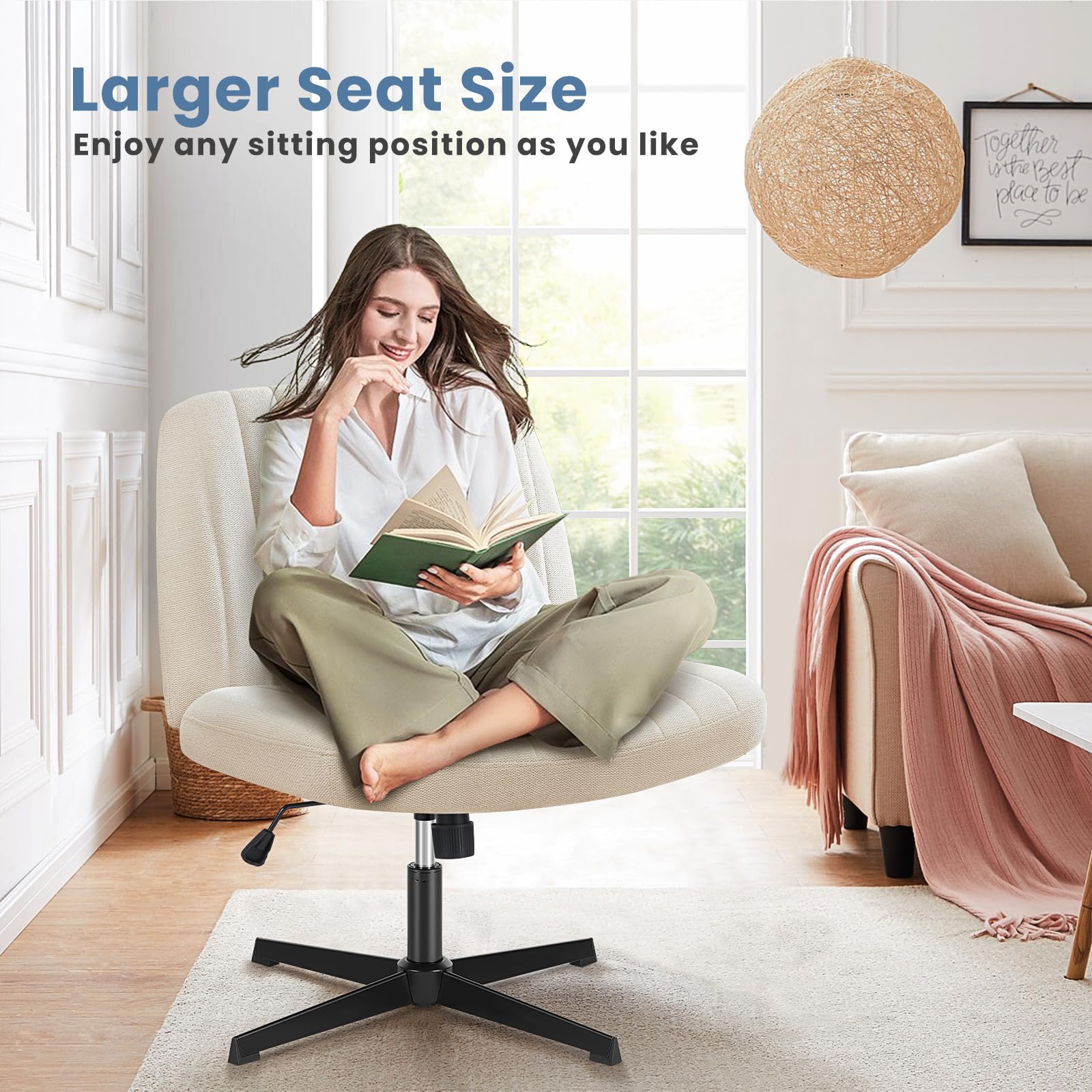 DUMOS Criss Cross Chair Legged Office Wide Comfy Desk Seat, No Wheels Armless Computer Task Seating, Swivel Comfy Vanity Fabric Modern Home Height Adjustable