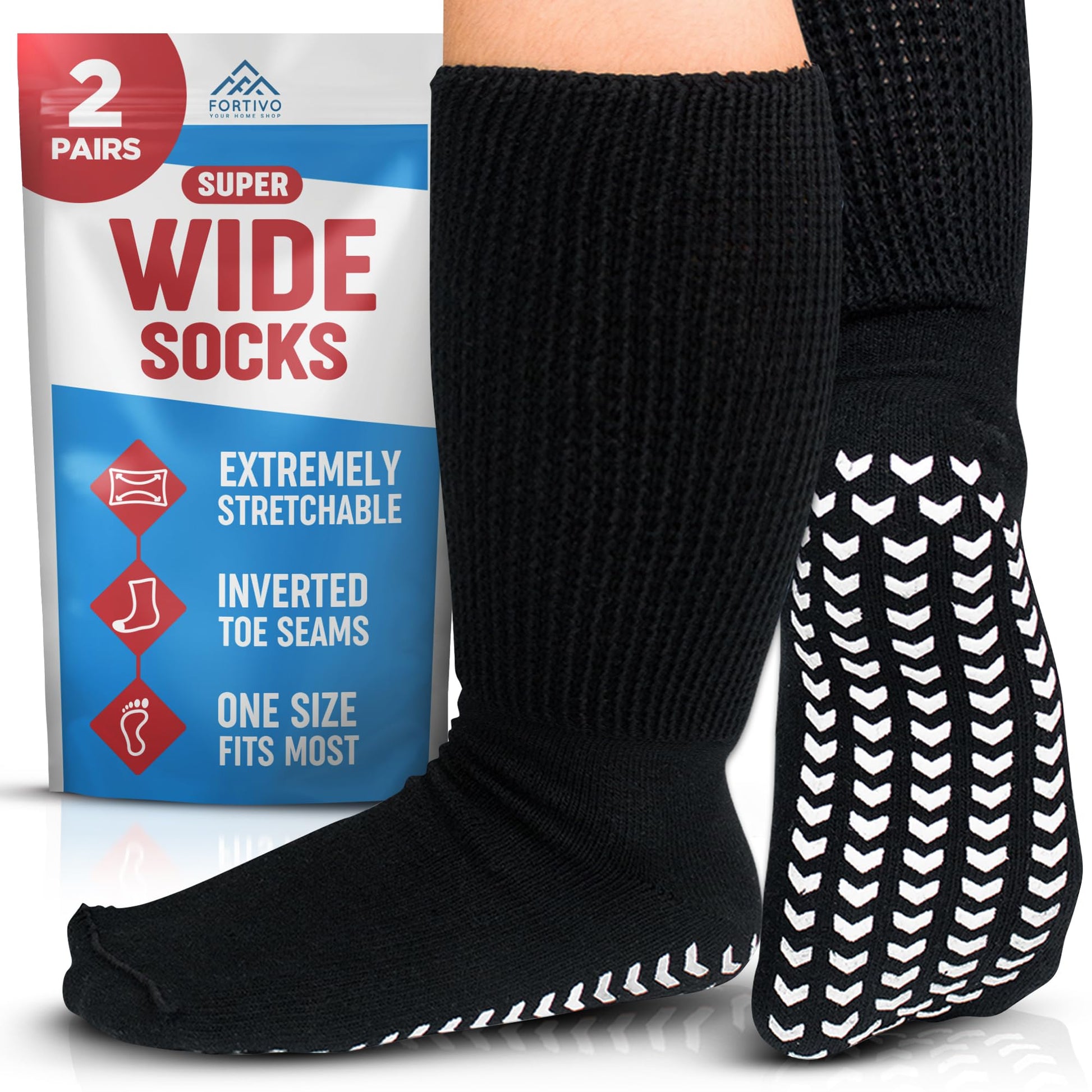2 Pairs Extra Wide Socks For Swollen Feet, Non-Slip Hospital and Diabetic Socks for Men and Women