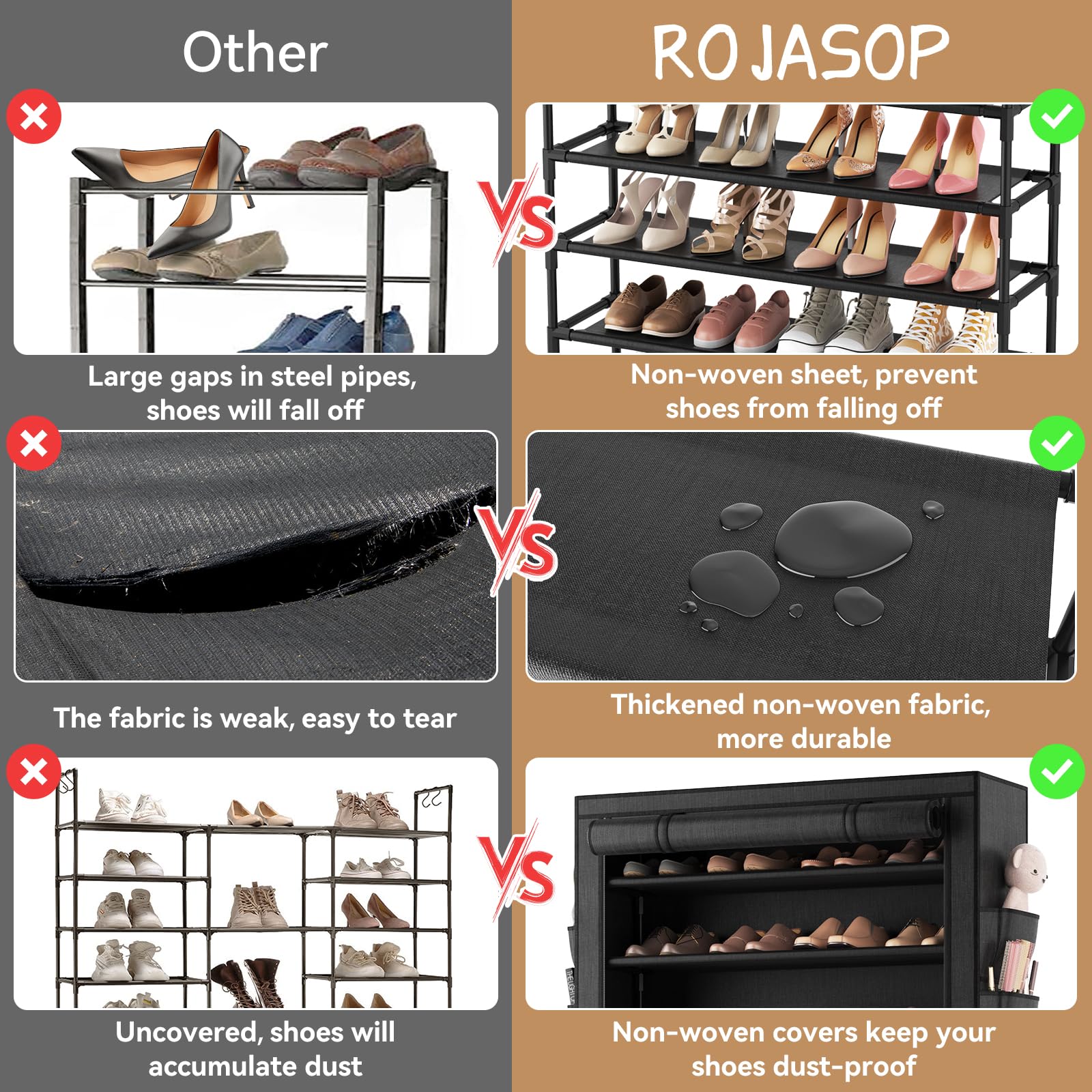 ROJASOP 10 Tier Shoe Rack with Covers,Large Capacity Stackable Tall Shoe Shelf Storage to 50-55 Pairs Shoes and Boots Sturdy Metal Free Standing Shoe Rack Organizer for Closet Entryway Garage