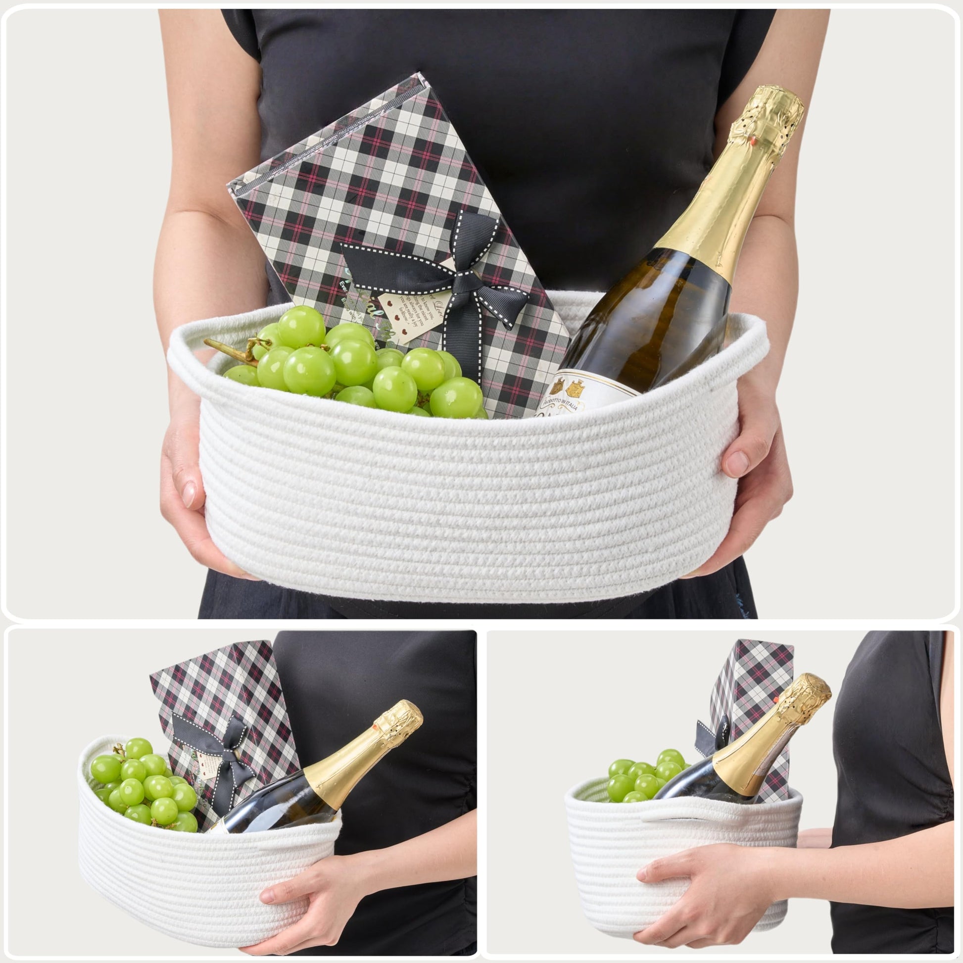Gift Basket with Wrap Bag & Ribbon – Empty Small Woven Basket (12"x8"x5"), Cute Decorative Storage Organizer for Baby Showers, Pets, Toys, Shelves and More – White