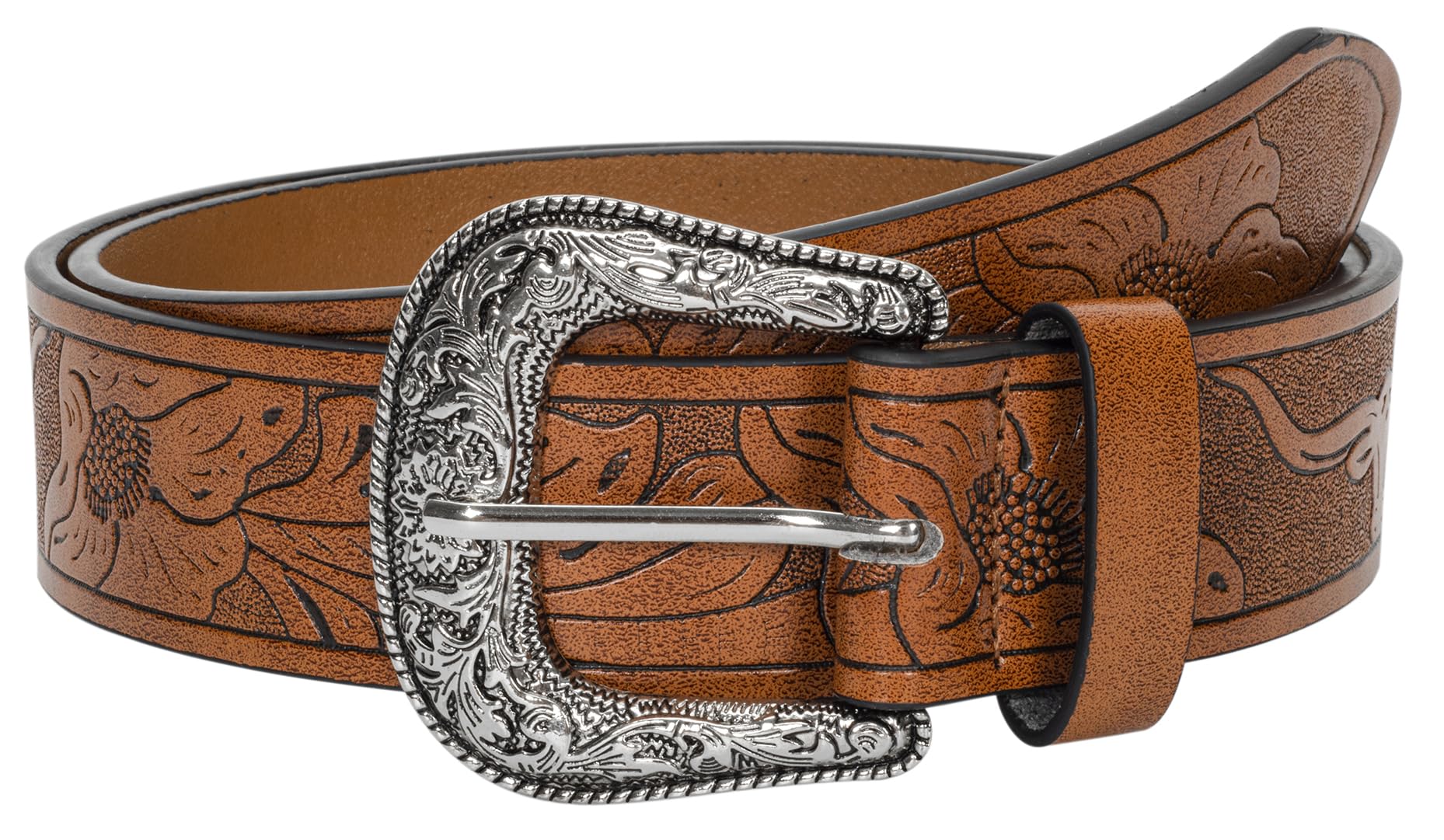 Western-Leather-Belts-Women Vintage Waist-Belts with Hollow Out Flower Buckle