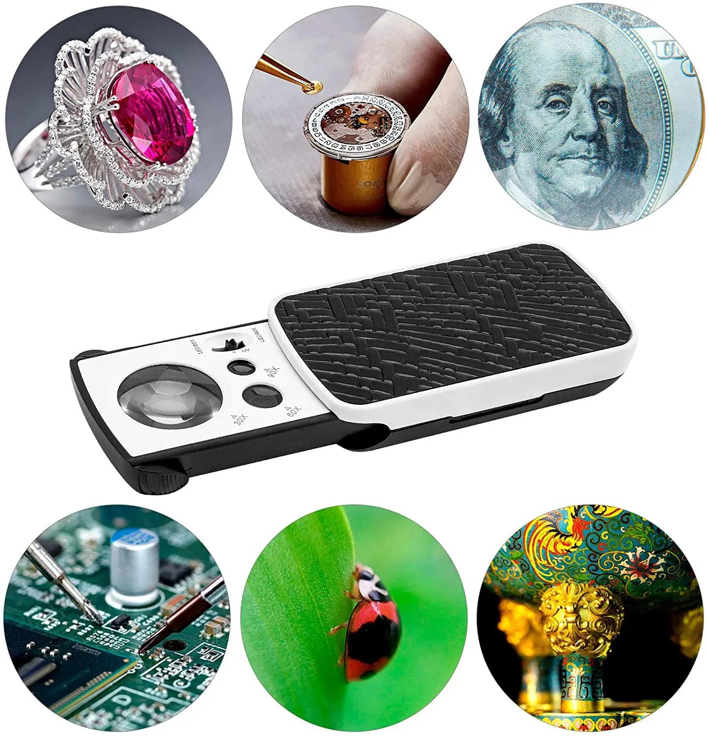 HMKIS Jewelers Loupe, 2 Pack Magnifying Glass with Light, 30X 60X 90X Jewelers Loop Magnification with 20 Backup Batteries for Coin, Diamonds, Gems, Jewelry, Stamps Close Work