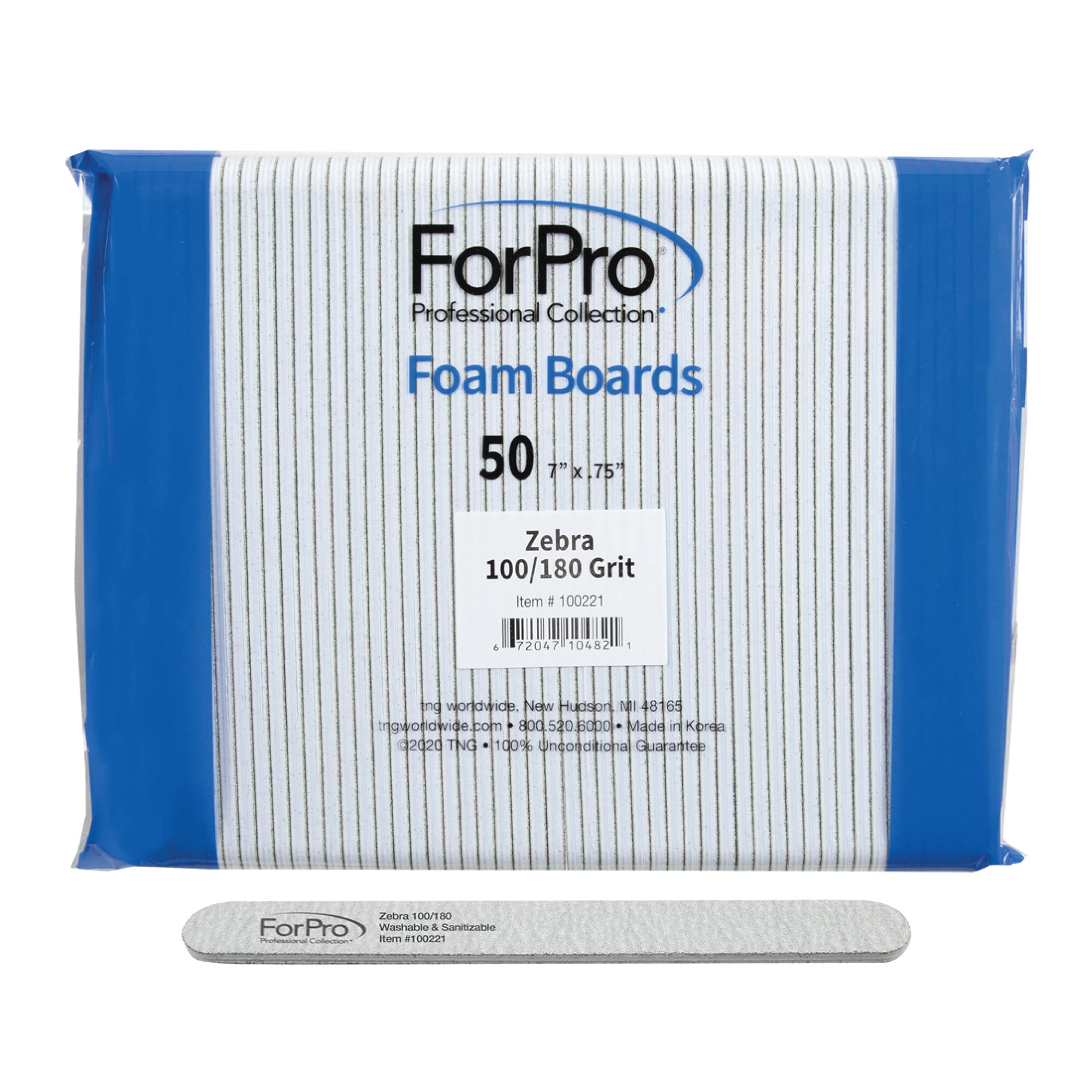 ForPro Professional Collection Zebra Foam Board, 100/180 Grit, Double-Sided Manicure Nail File, 7" L x .75" W 50-Count
