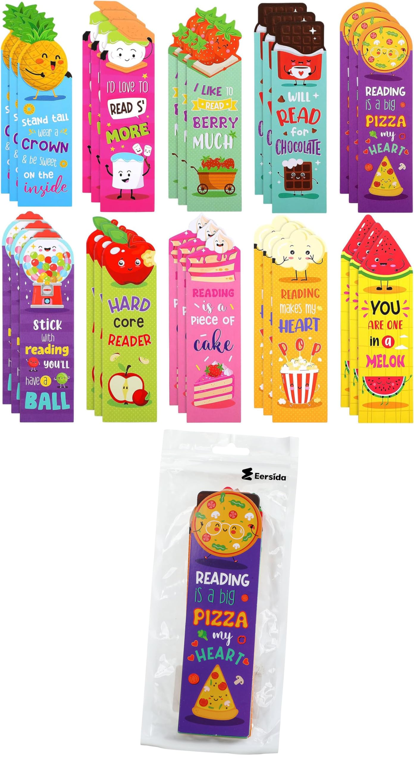 Eersida 30 Pieces Scratch and Sniff Scented Bookmarks Kids Fruit Food Theme Sayings Bookmarks Sayings Assorted Cute Scented Gifts for Students Teens Food Lovers, 10 Styles