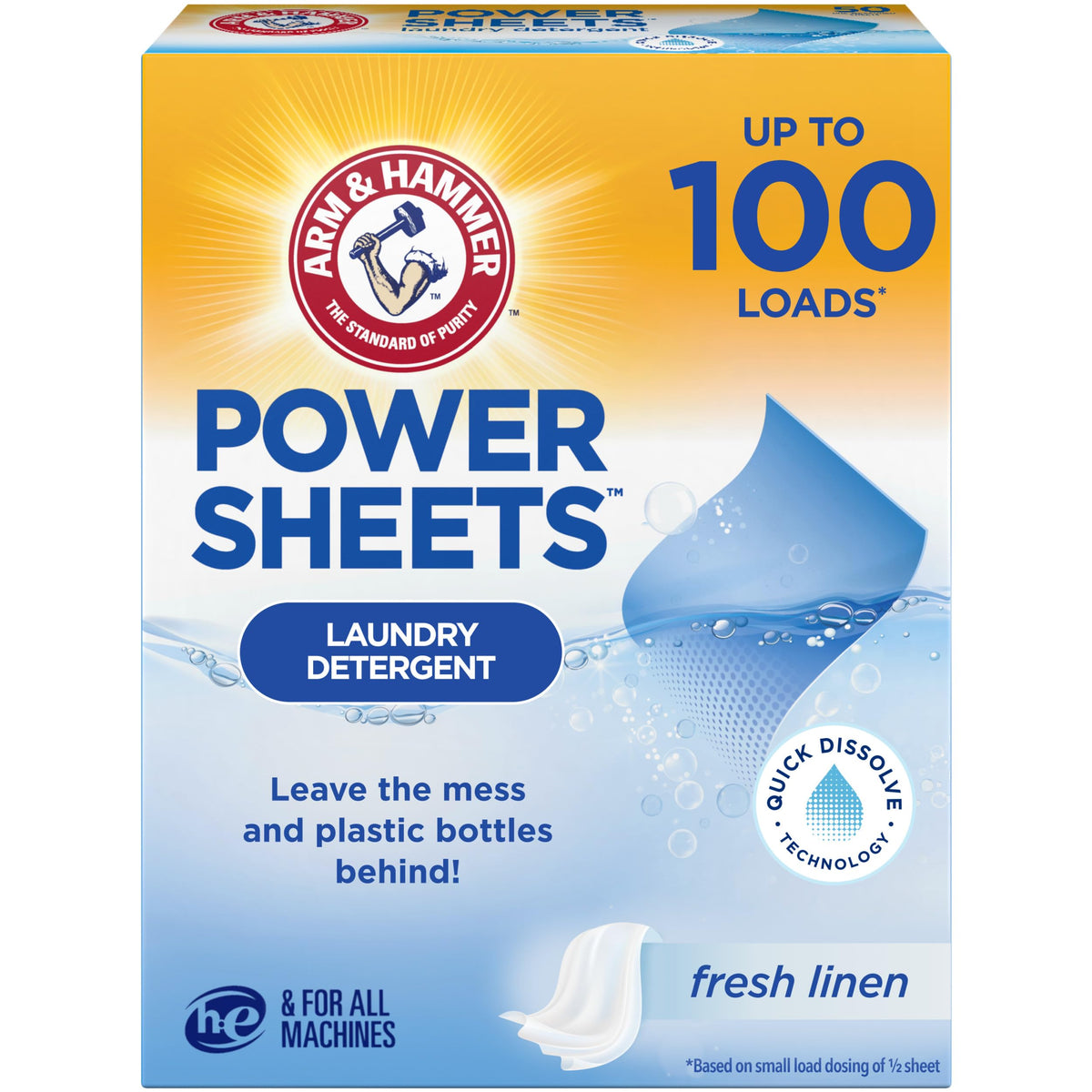 Arm & Hammer Power Sheets Waschmittel, Fresh Linen 50 Stk., bis zu 100 kleine Waschladungen (Verpackung kann variieren)