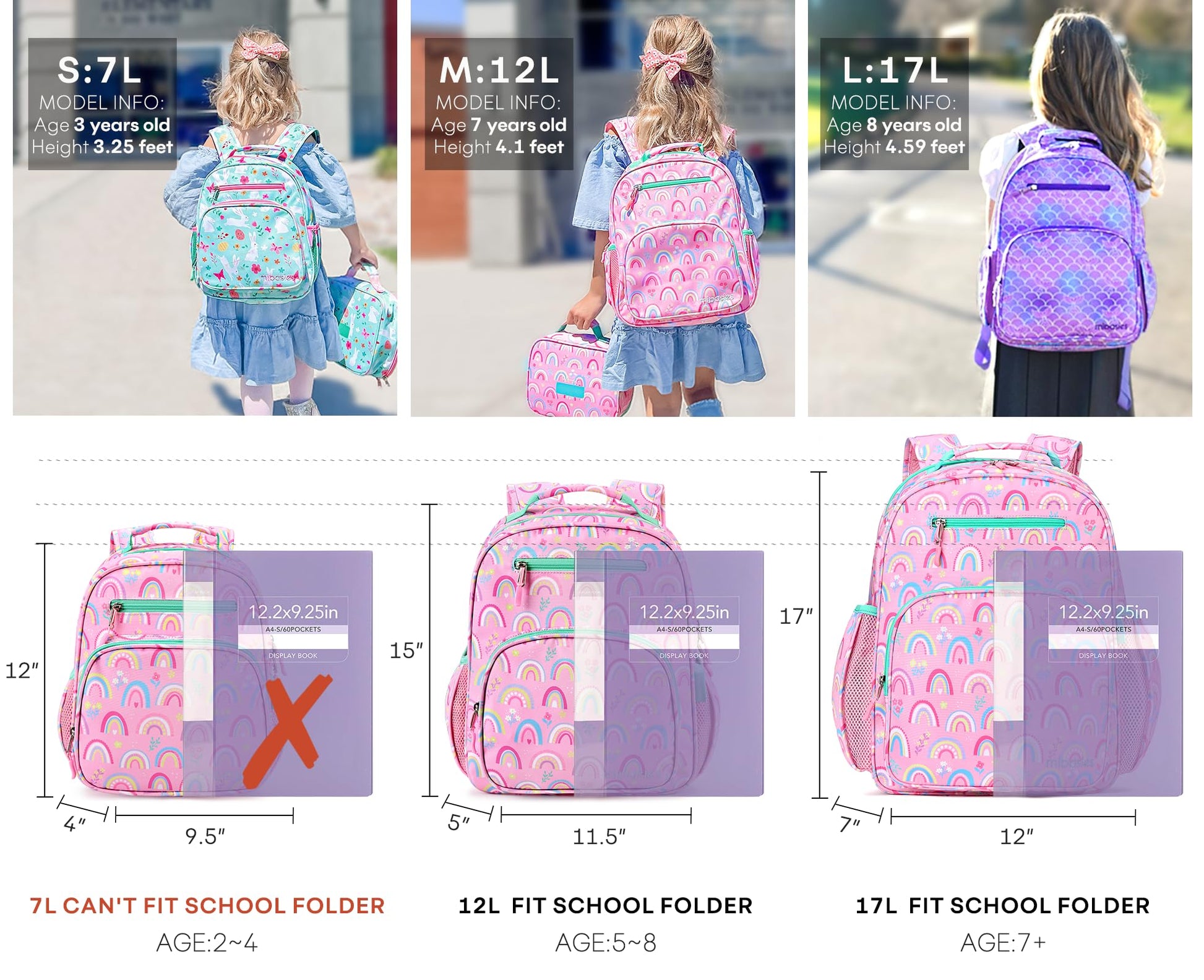 mibasies Toddler Backpack for Girls 2-4: Cute Kids Backpacks for Girls - Preschool Kindergarten Backpack - Rainbow Pink