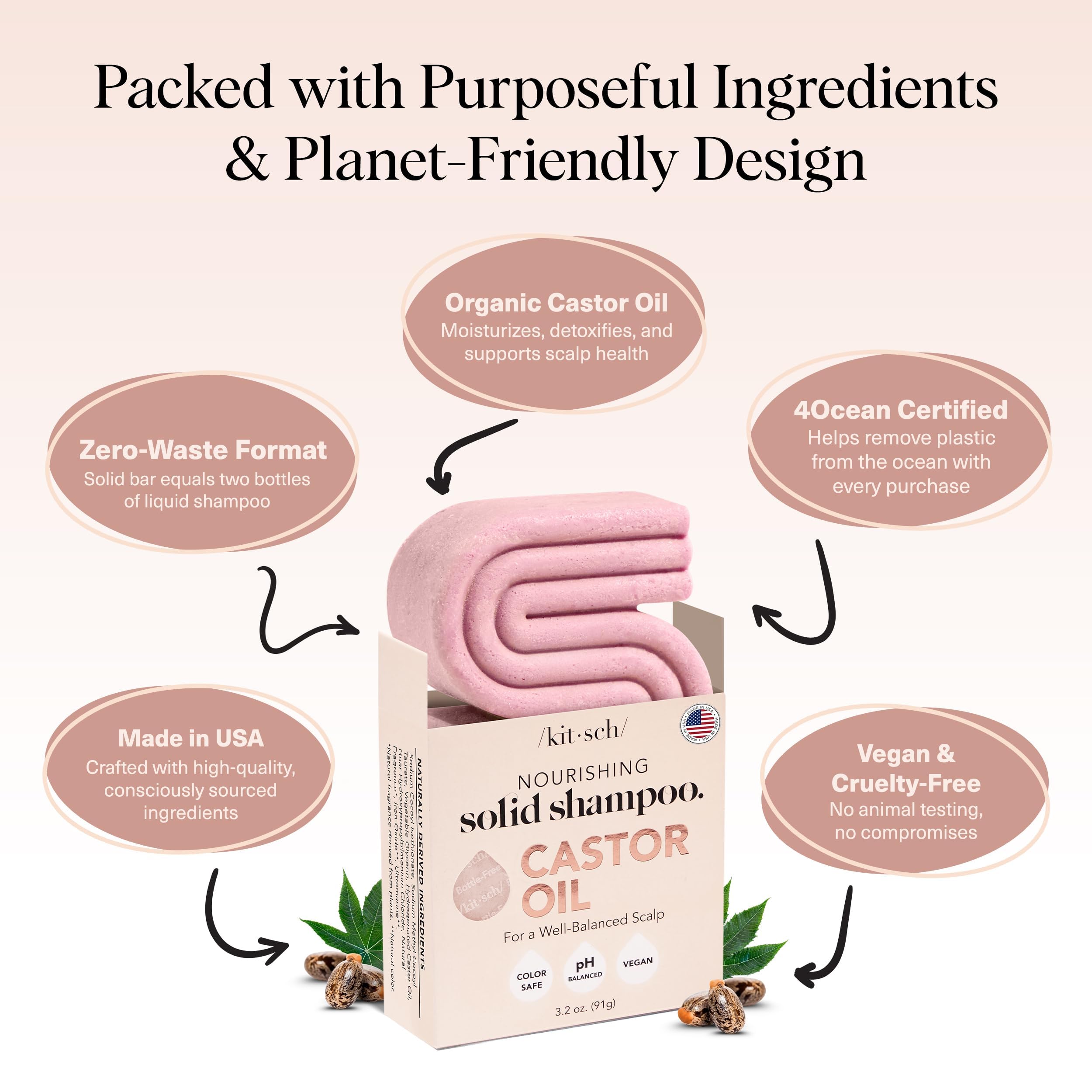 Kitsch Castor Oil Shampoo Bar Soap - Hydrating & Moisturizing Hair Care - Organic Castor Oil Solid Shampoo for Hair Growth & Scalp Nourishment - Silicone & Paraben-Free, Vegan, Made in USA - 3.2oz