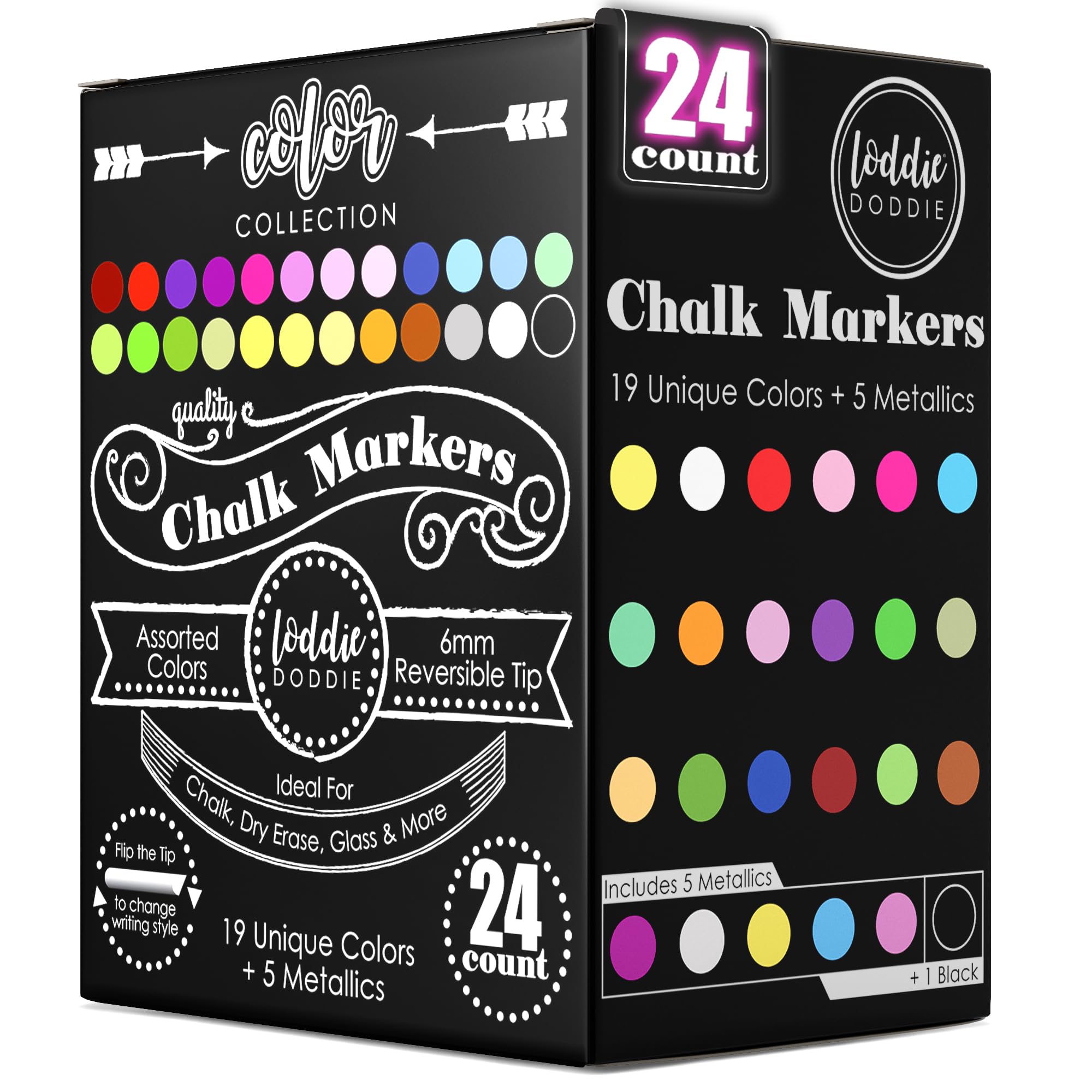 Loddie Doddie Chalk Markers - 24-Pack, 6mm Reversible Bullet & Chisel Tip - Dust-Free, Erasable Liquid Chalk Markers - Versatile for Windows, Glass & Chalkboard Surfaces