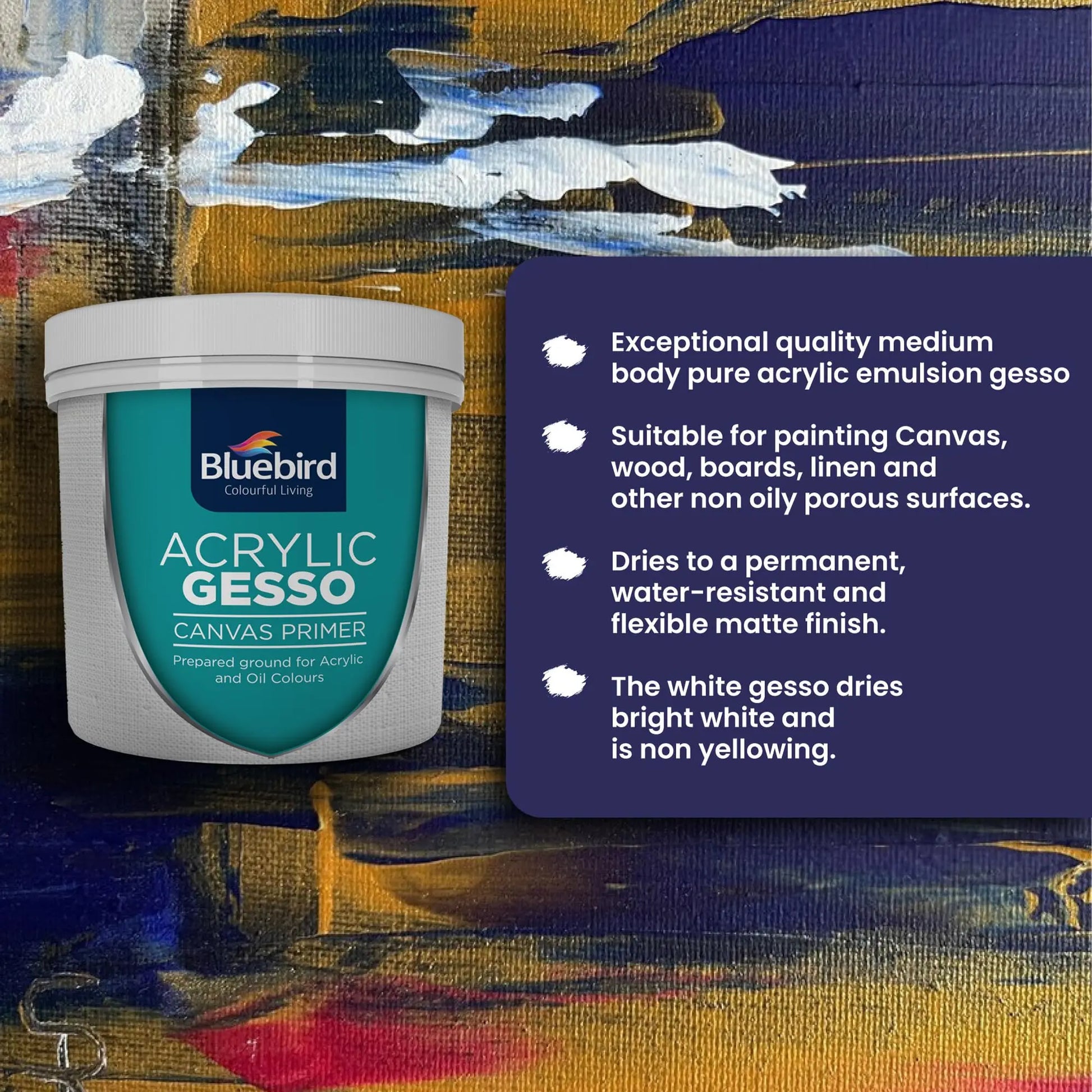 BLUEBIRD Heavy Gesso Primer for Acrylic Painting, 28.2 Oz / 513ML Full Tub, Gesso Surface Prep Medium For Acrylic Paint and Oil Paint (White)