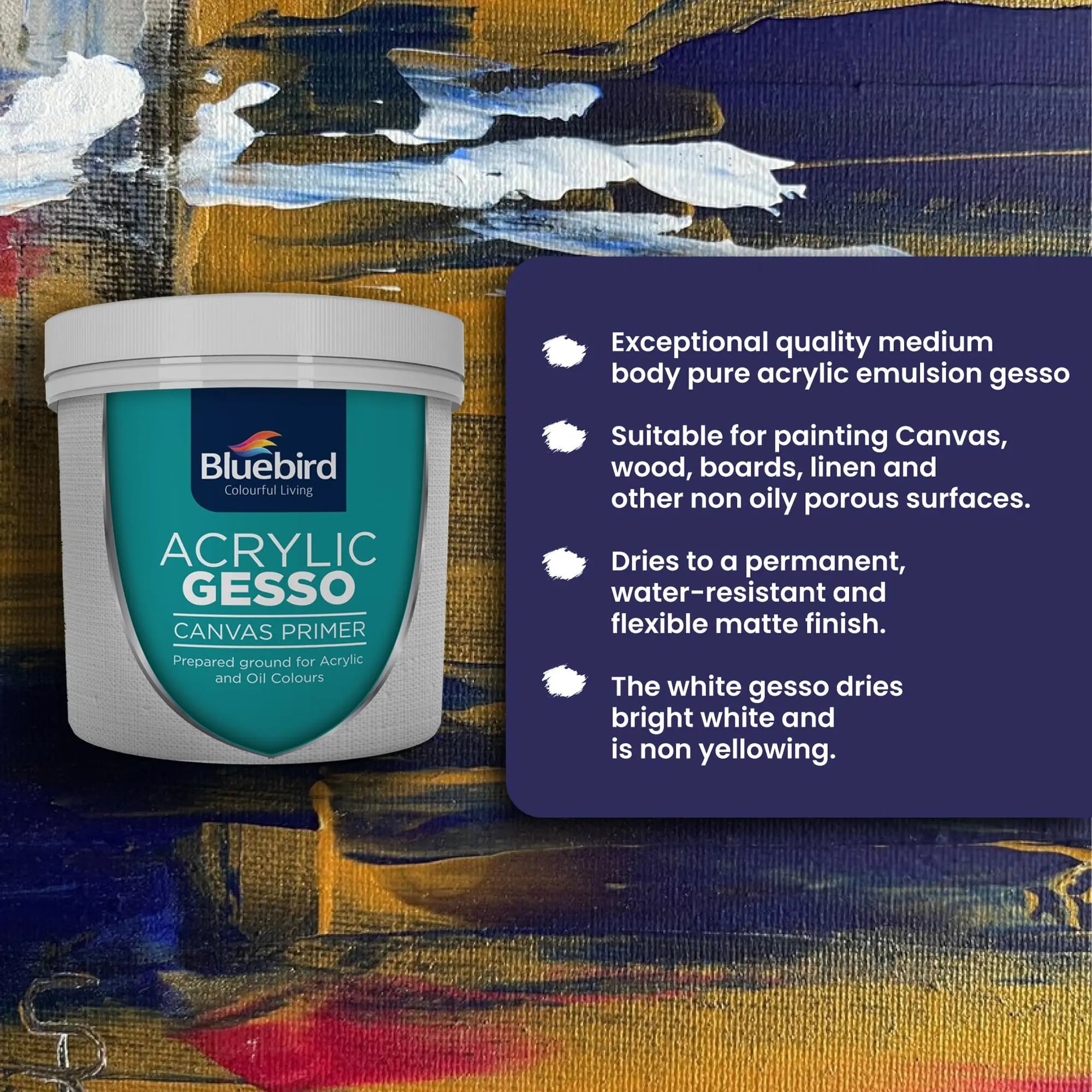 BLUEBIRD Heavy Gesso Primer for Acrylic Painting, 28.2 Oz / 513ML Full Tub, Gesso Surface Prep Medium For Acrylic Paint and Oil Paint (White)