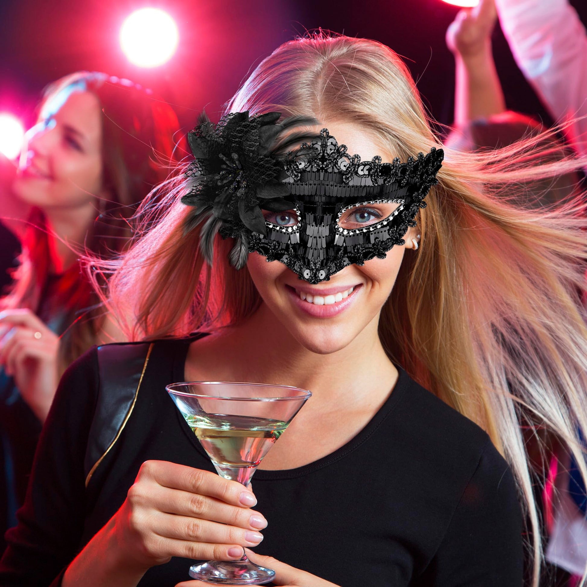 SIQUK Couple Masquerade Masks Sequins Venetian Party Plastic Halloween Costume Rhinestone Mardi Gras Mask for Women and Men, Black
