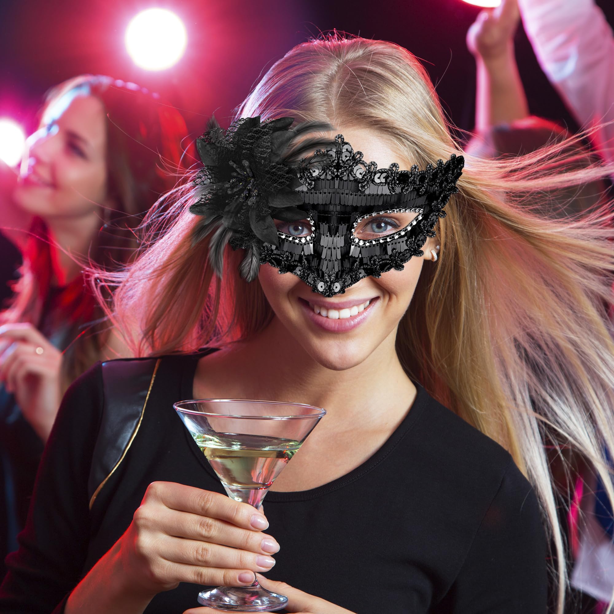 SIQUK Couple Masquerade Masks Sequins Venetian Party Plastic Halloween Costume Rhinestone Mardi Gras Mask for Women and Men, Black