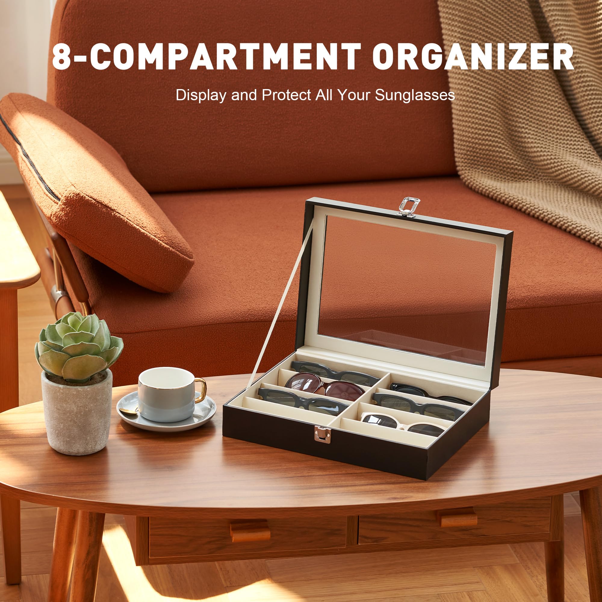CO-Z Leather Multi Sunglasses Organizer for Women Men, Eyeglasses Eyewear Display Case with 8 Slots, Jewelry Watch Organizer, Sunglasses Jewelry Collection Case, Sunglass Glasses Storage Holder Box