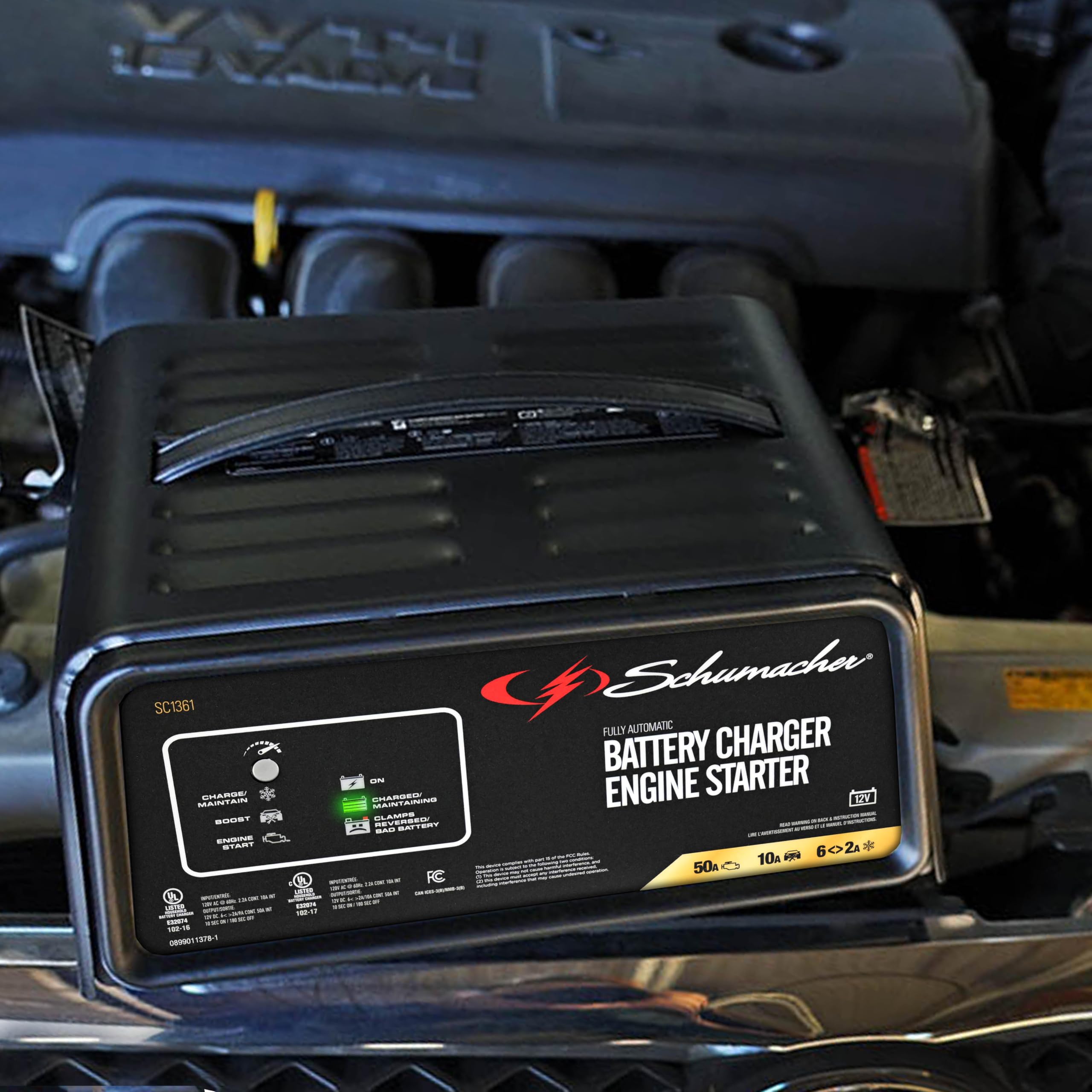 Schumacher Electric 50A 12V Car Battery Charger, Engine Starter & Maintainer - Fully Automatic Battery Charger for Cars, Trucks & RVs - 6A Charge/ 2A Maintain & 10A Boost Modes - SC1361