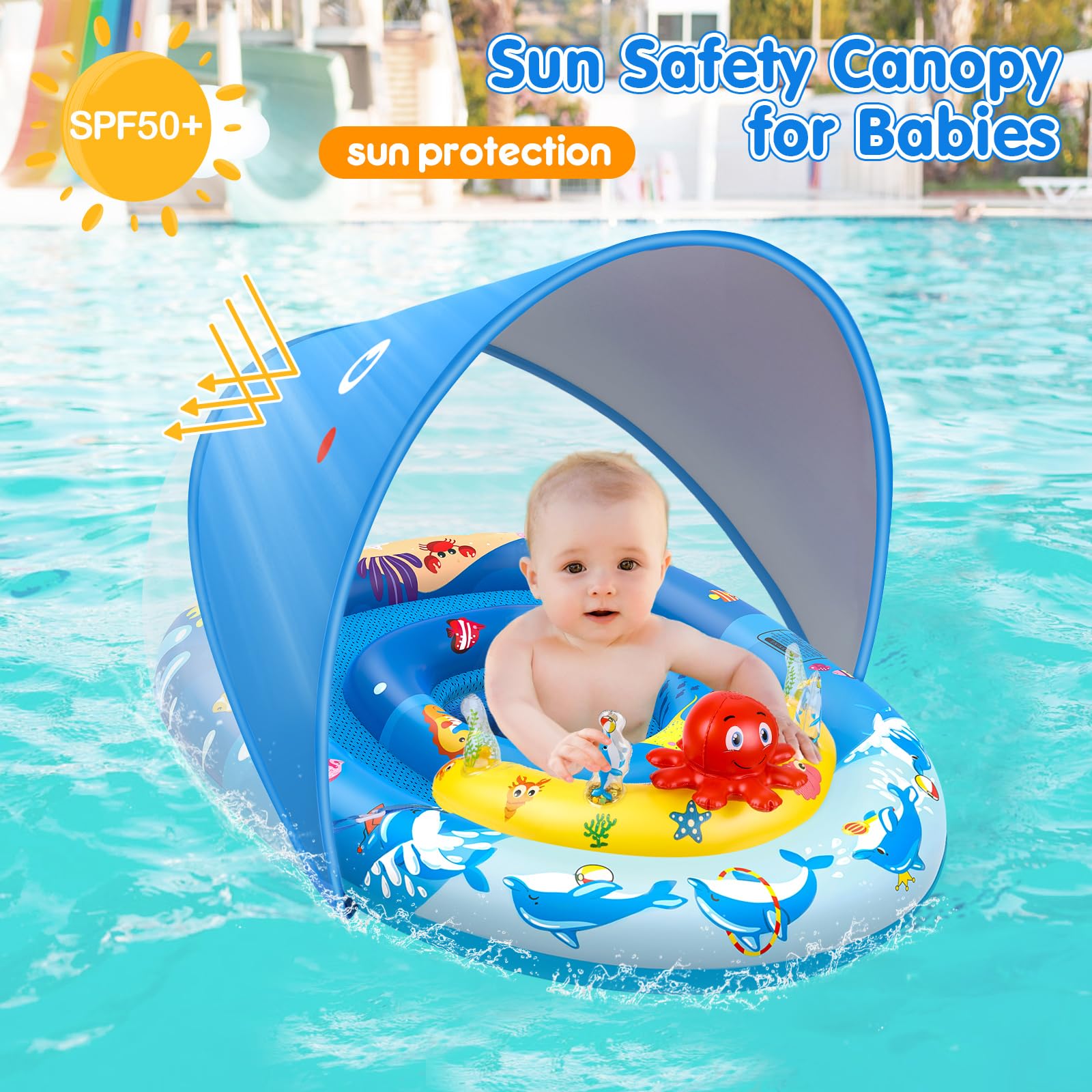 EZIGO Baby Pool Float with Canopy UPF50+ Sun Protection, Inflatable Kids Pool Floats with Ocean Animal Toys for Babies 6-36 Months, Infant Swimming Float with Adjustable Safety Seat for Boys Girls