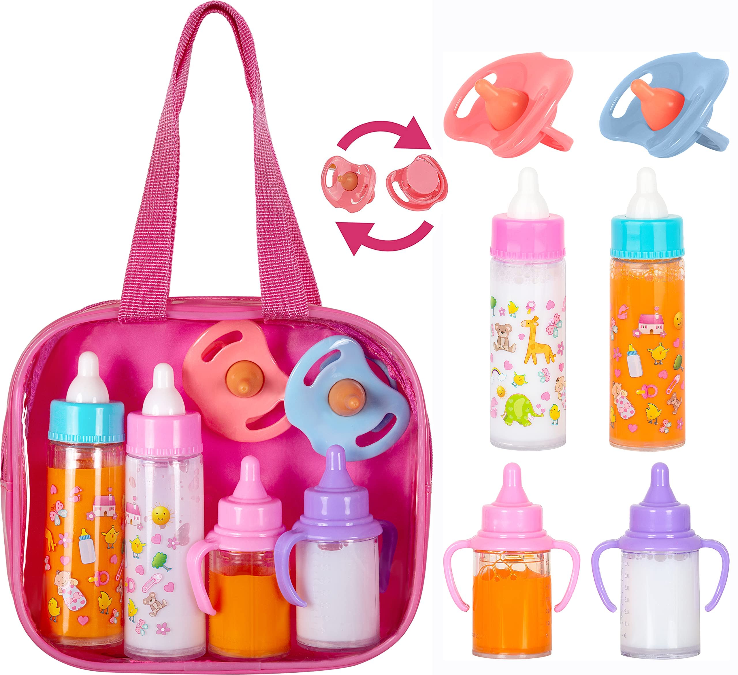 fash n kolor, My Sweet Baby Disappearing Doll Feeding Set, Baby Care 6 Piece Doll Feeding Set for Toy Stroller | 2 Milk & Juice Bottles with 2 Toy Pacifier for Baby Dolls