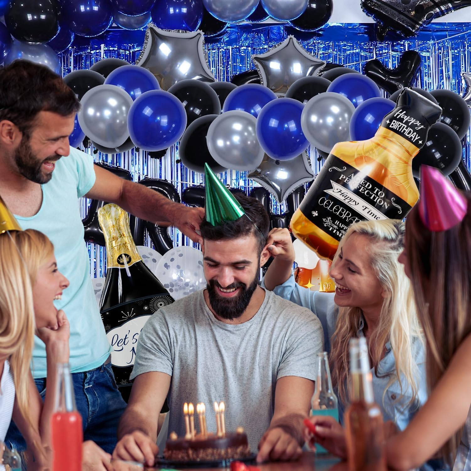 Blue and Black Happy Birthday Decorations for Men,Birthday Decorations with Banner, Fringe Curtains,Foil Balloons, Balloon Kits for 21st,25th 27th 30th 35th 40 50 60th Birthday Decorations