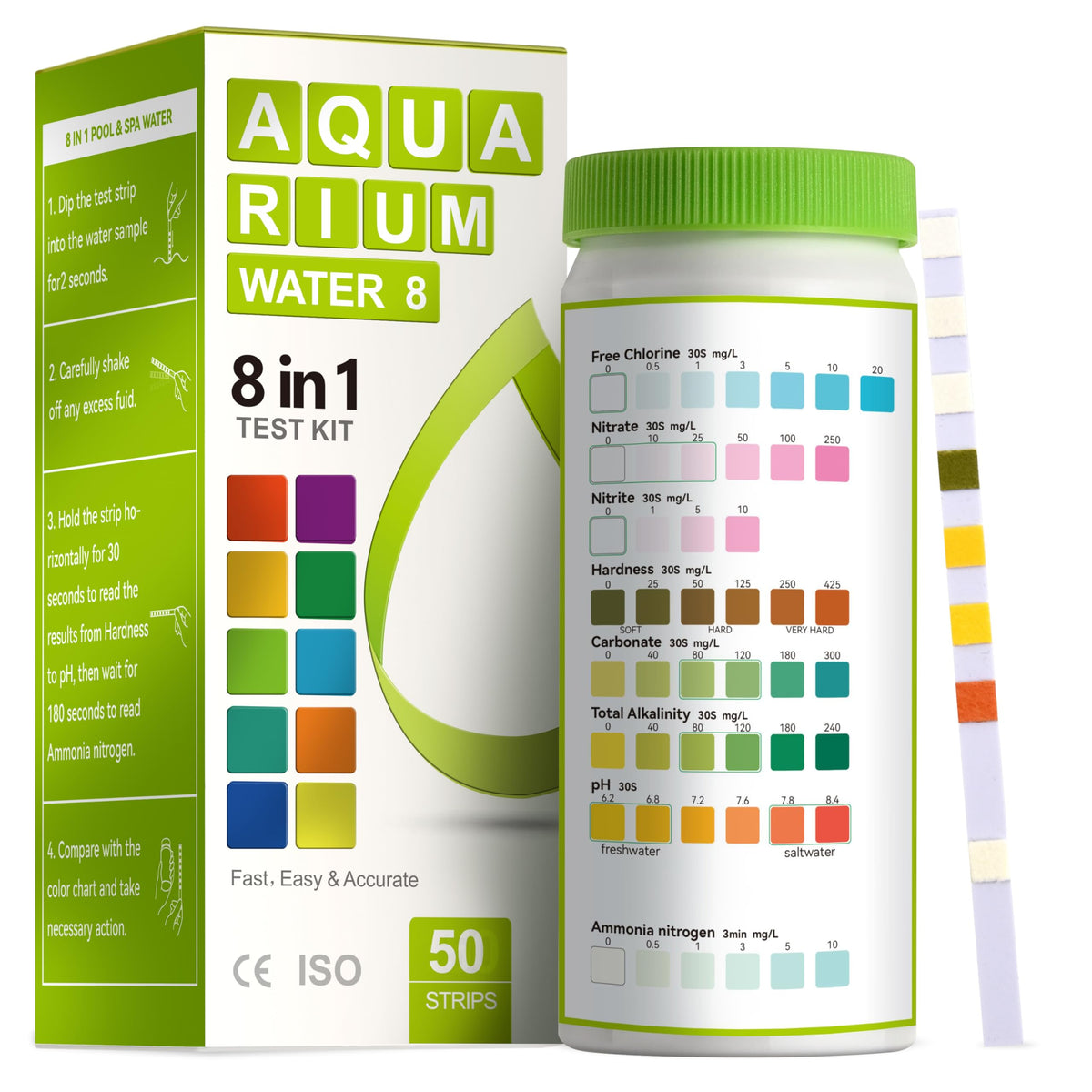 AAwipes 8-in-1 Aquarium Test Kit for Fish Tanks - Quick & Accurate Water Testing Strips for Aquariums & Ponds. Tests pH, Ammonia, Alkalinity, Hardness, Chlorine, etc. (K02-50)