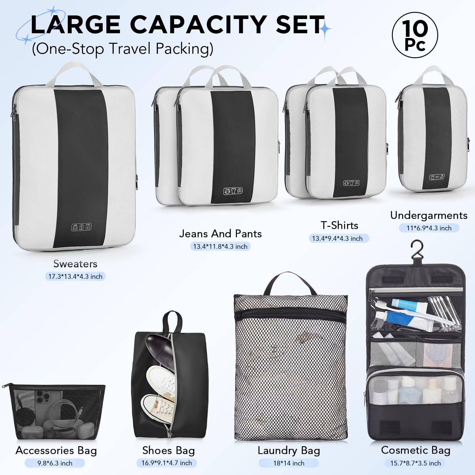 10 Set Compression Packing Cubes for Travel Essentials,Compressible Expandable Packing Cubes for Suitcase,OlarHike Luggage Organizer Bags for Travel,Handy Helper for Organizing Clothes(Black)