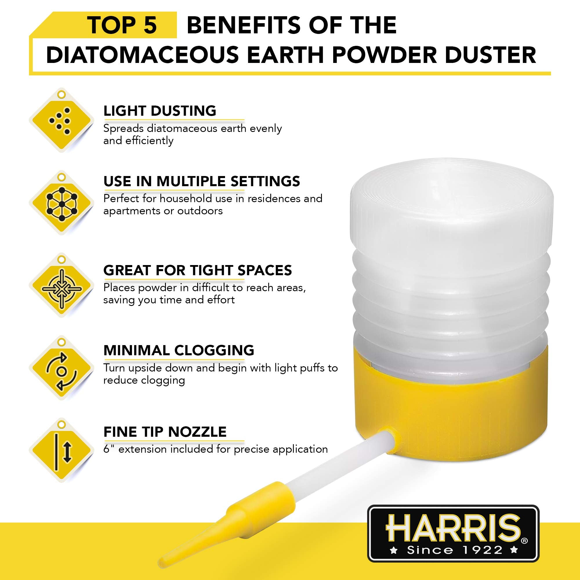 Harris Diatomaceous Earth Powder Duster with 6 Inch Extension Nozzle