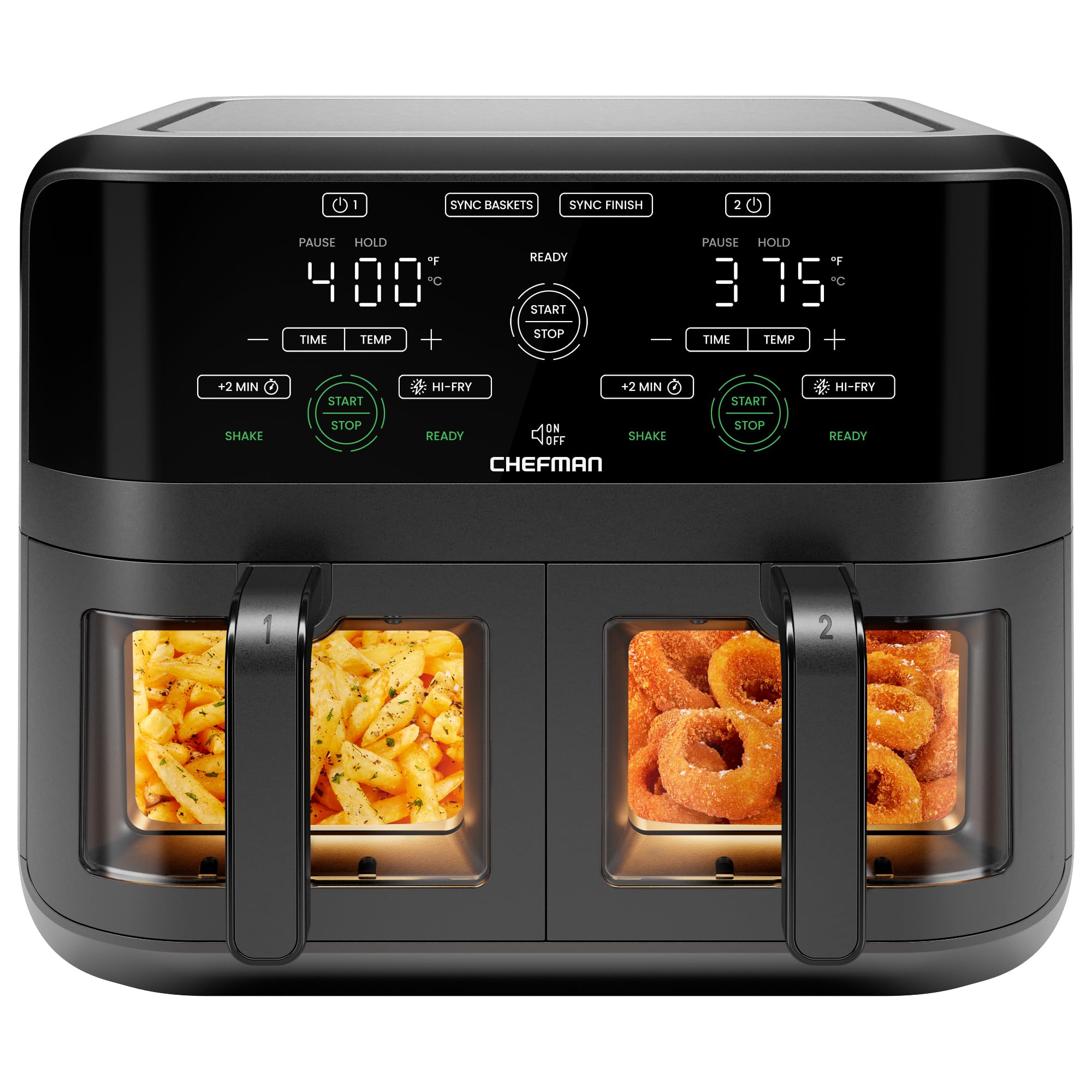 CHEFMAN 6 Quart Dual Basket Air Fryer Oven with Easy View Windows, Sync Finish, Hi-Fry, Auto Shutoff, 2 Independent 3Qt Nonstick Dishwasher Safe Frying Baskets, Digital Double Air Fryer - Black