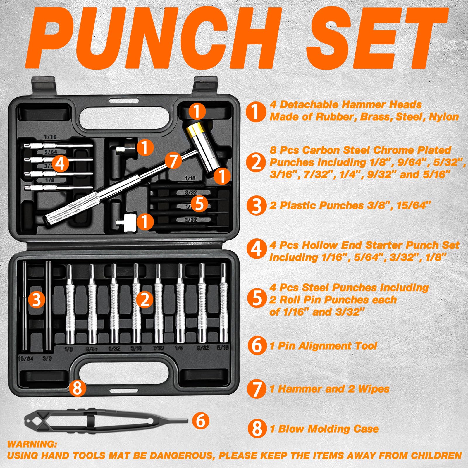 BESTNULE Punch Set, Pin Punches, Punch Tool, Roll Pin Punch Set, Made of High Quality Metal Material Including Punches and Hammer, Mechanical Repair Tool, with Organizer Storage Box (with Bench Block)