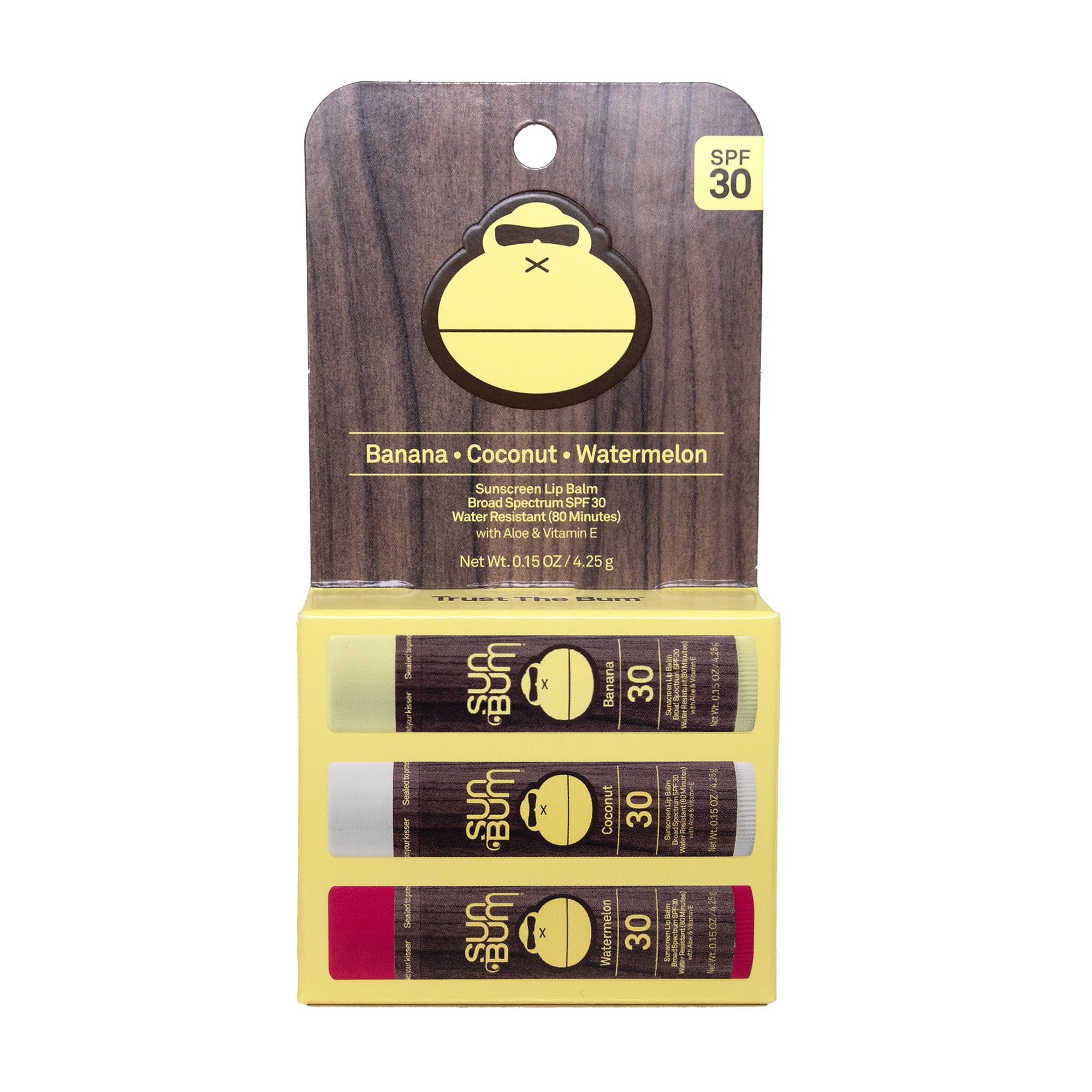 Sun Bum SPF 30 Sunscreen Lip Balm 3 Flavor Variety Pack - Coconut, Banana, Watermelon - Moisturizing Aloe Vera and Vitamin E - Vegan and Cruelty Free - UVA/UVB Lip Protection - 0.45 oz , 3 ct