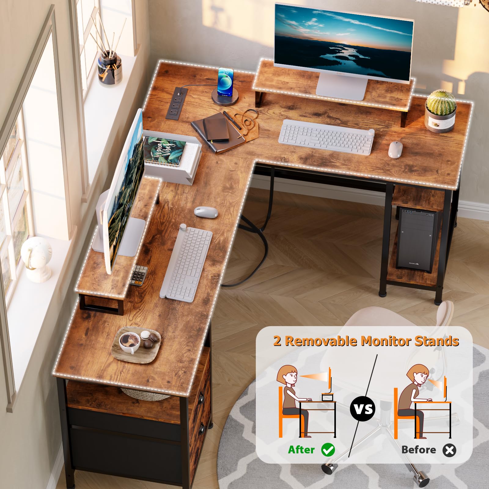 Furologee 66” L Shaped Desk with Power Outlet, Reversible Computer Gaming Desk with File Drawer & 2 Monitor Stands for Home Office with Storage Shelves, Rustic Brown