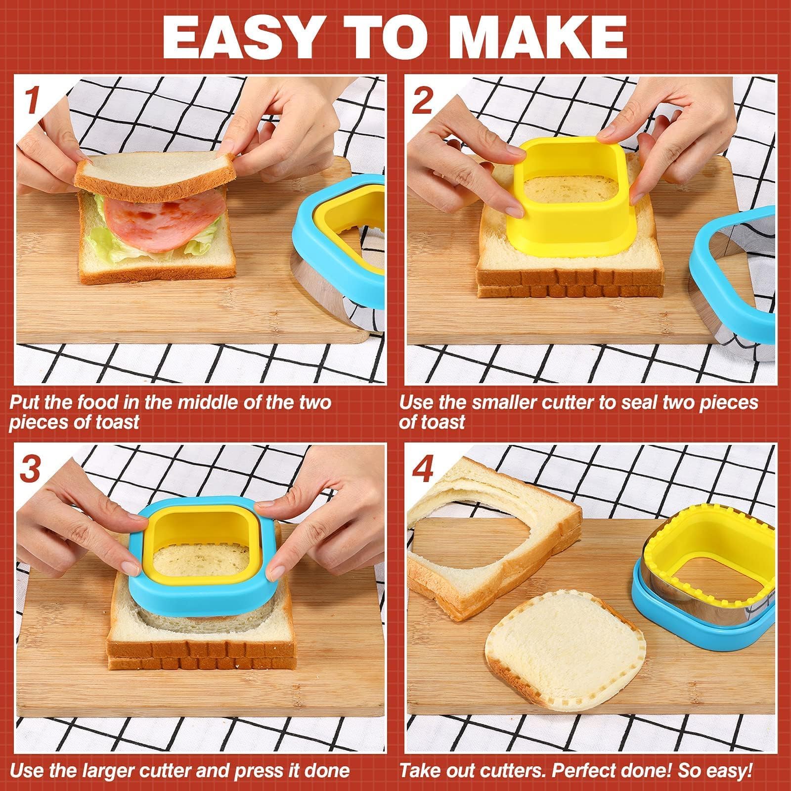 HINZER Sandwich Cutter and Sealer Set 4 Pcs Bread Decruster Sandwich Cutter Pancake Maker Heart Square Circle Dinosaur Shape DIY Cookie Cutters Gift for Kids Adult Boys Girls