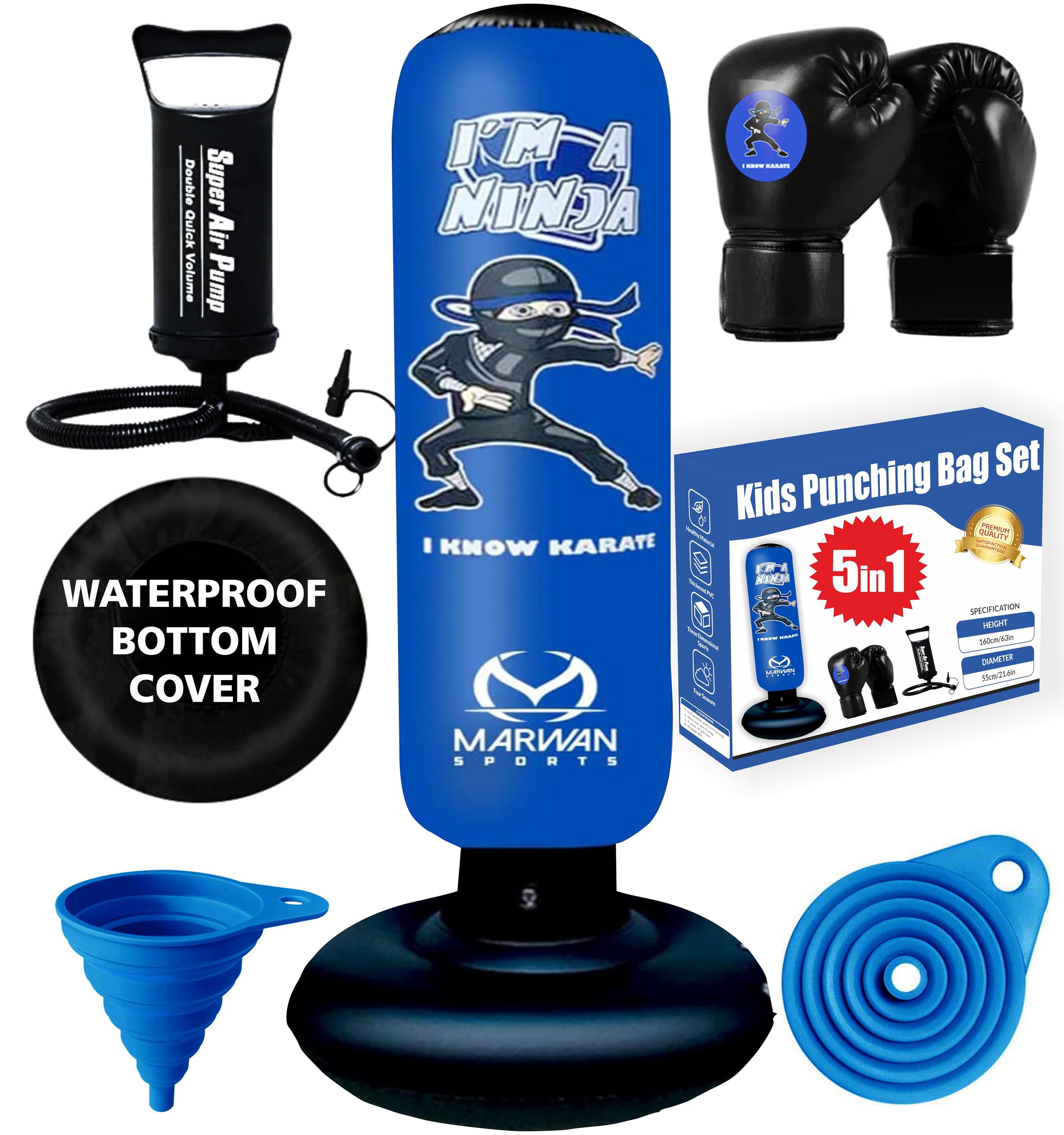 Marwan Sports Inflatable Punching Bag for Kids – 5-in-1 Birthday Set with Gloves, Pump & Fast Rebound – Fun Active Toy for Boys Ages 4-12