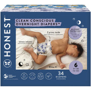 The Honest Company Clean Conscious Overnight Diapers for Sensitive Skin | Hypoallergenic, Fragrance Free | Cozy Cloud + Star Signs | Club Box, Size 6 (35+ lbs), 34 Count