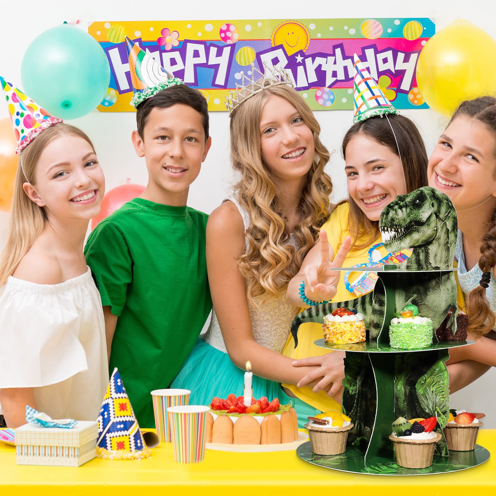 3 Tier Dinosaur Cupcake Stand Party Decorations Dinosaur Theme Cupcake Holder Decorations Dino Dessert Tower for Kids Dino Jungle Theme Party Birthday Supplies(Realistic)