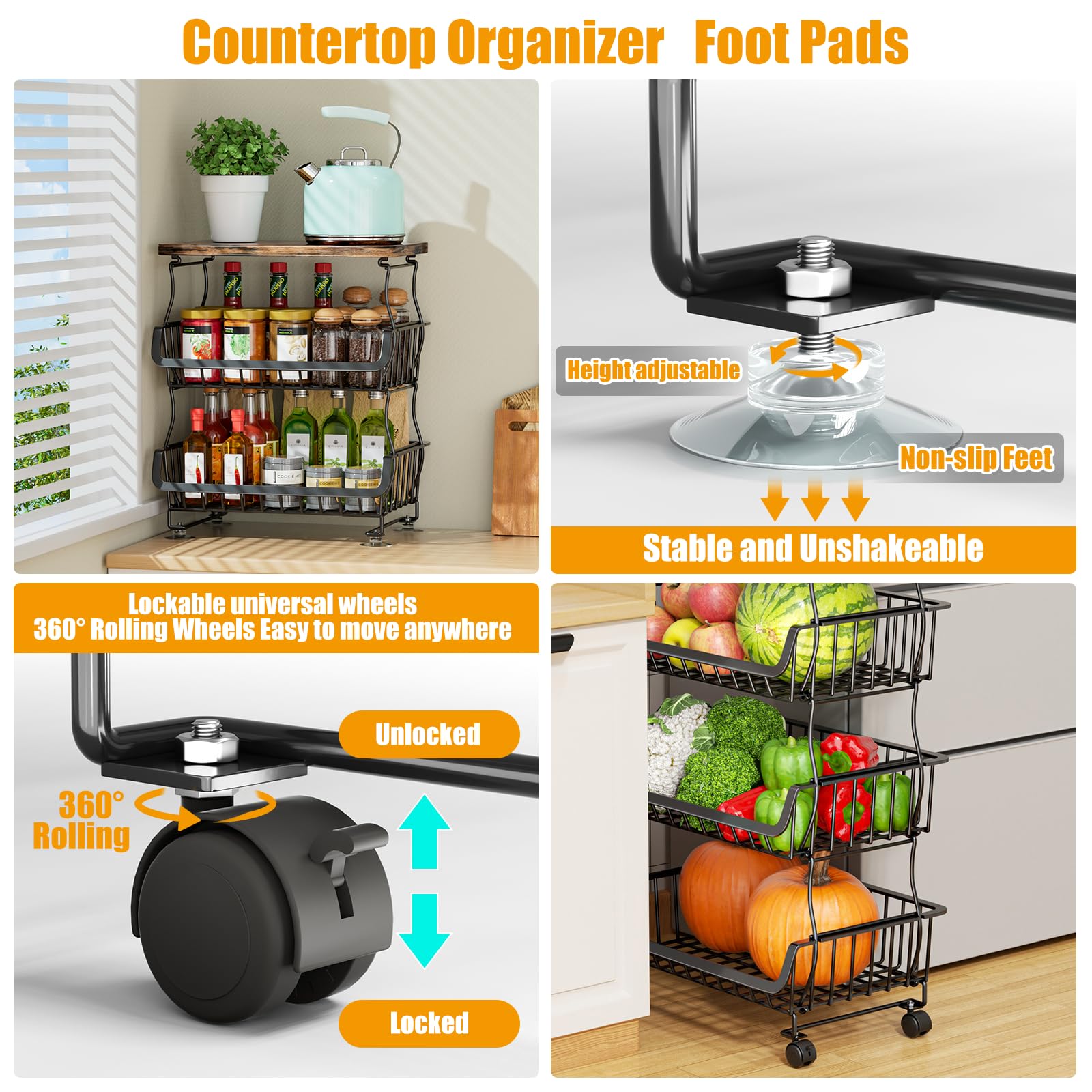 Gsiekare Fruit Vegetable Basket for Kitchen, 5 Tier Stackable Fruit Vegetable Storage Baskets with Wheels, Metal Wire Storage Basket Organizer Baskets for Kitchen, Pantry, Bathroom